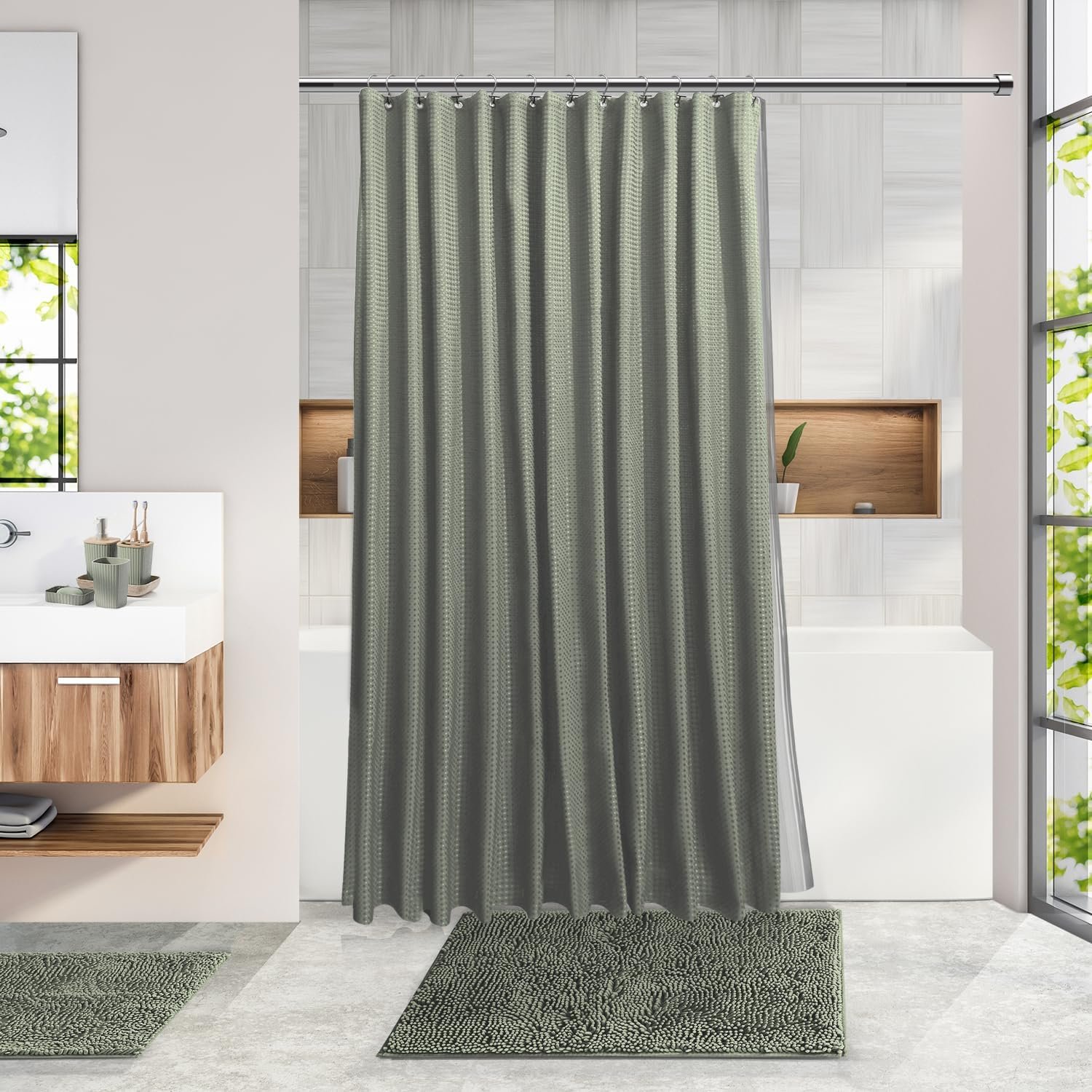 Clara Clark Bathroom Accessories Set - Bathroom Set, Bathroom Accessory Set, Shower Curtain Set, Toilet Brush, Trash Can & Soap Dispenser - Sage Green - 20PC - Image 7
