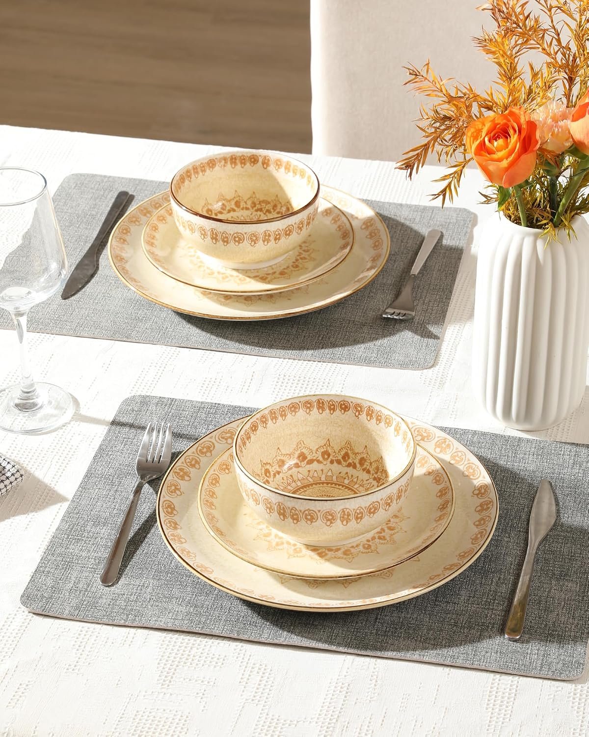 Sweejar Dinnerware Sets Service for 4, 12 pcs Porcelain Plates and Bowls for Kitchen, Housewaring Gift, Chip and Scratch Resistant Dish Set, Handmade Dishwasher and Microwave Safe Plate Set, Bohemian - Image 2