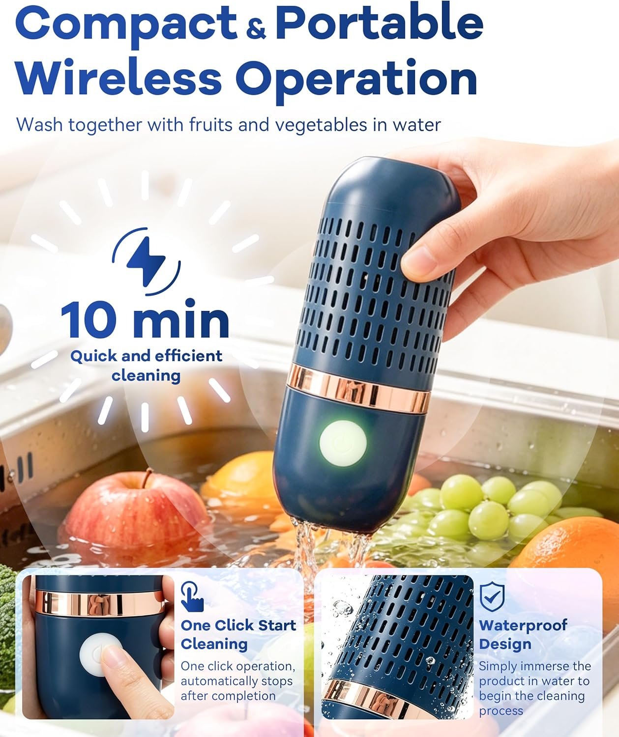 Produce Cleaner & Vegetable Cleaner with Oh-Ion Technology, Wireless Rechargeable Food Washer for Fruits, Veggies, Rice & Utensils, Ipx7 Waterproof 10-Min Automatic Cleaning for Kitchen (Blue) - Image 5
