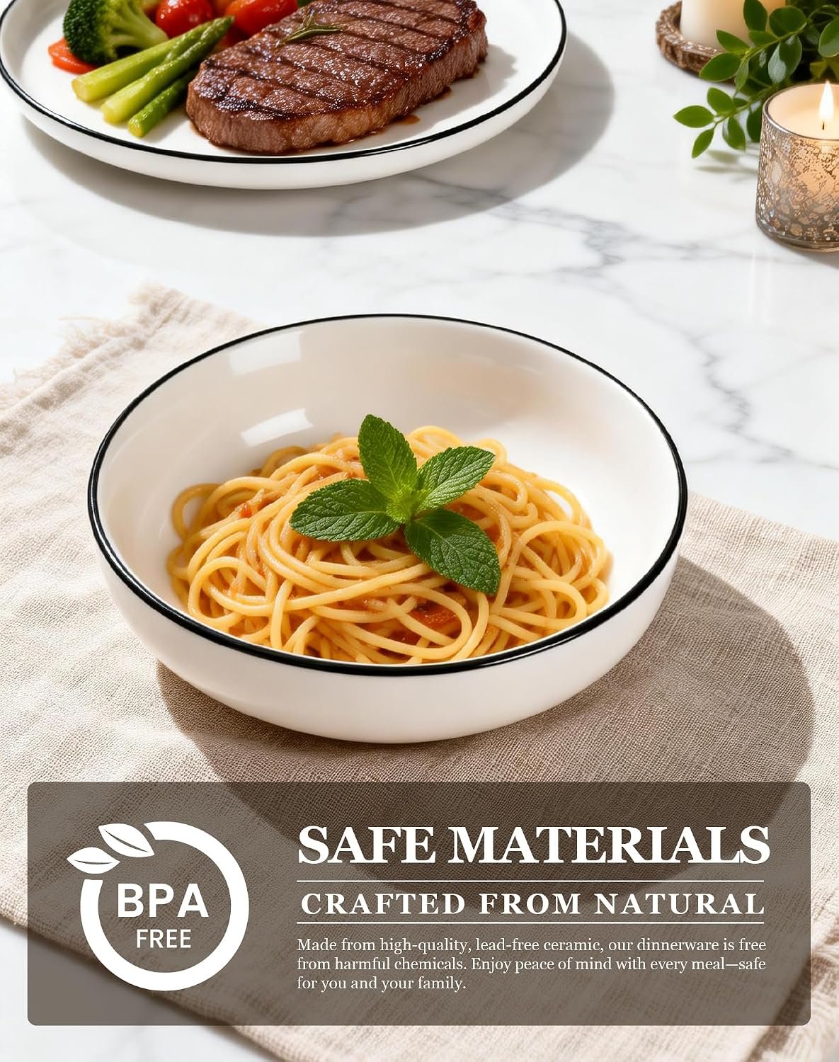 OTAGO 8" Stoneware Salad and Pasta Bowls Set of 6, Porcelain Ceramic Bowls with Black Rim, Microwave & Dishwasher Safe Tableware for Kitchen, Dinner & Dining - Image 4