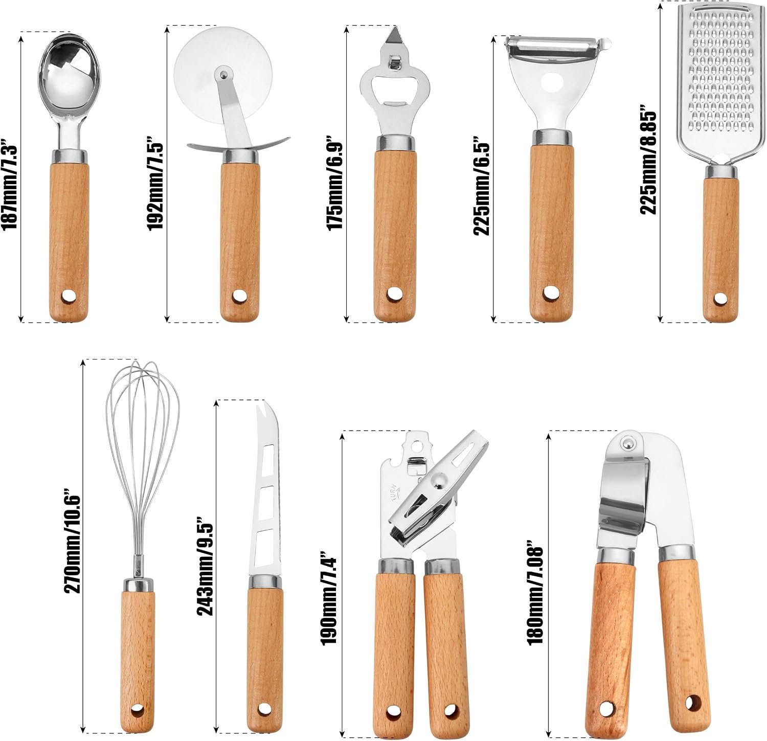 Stainless Steel Kitchen Gadget Set – 9 PCS Western Cooking Utensil & Tool with Wooden Handle: Pizza Cutter, Garlic Press, Can and Bottle Opener, Ice Cream Scoop, Peeler, Cheese Grater and Knife, Whisk - Image 6