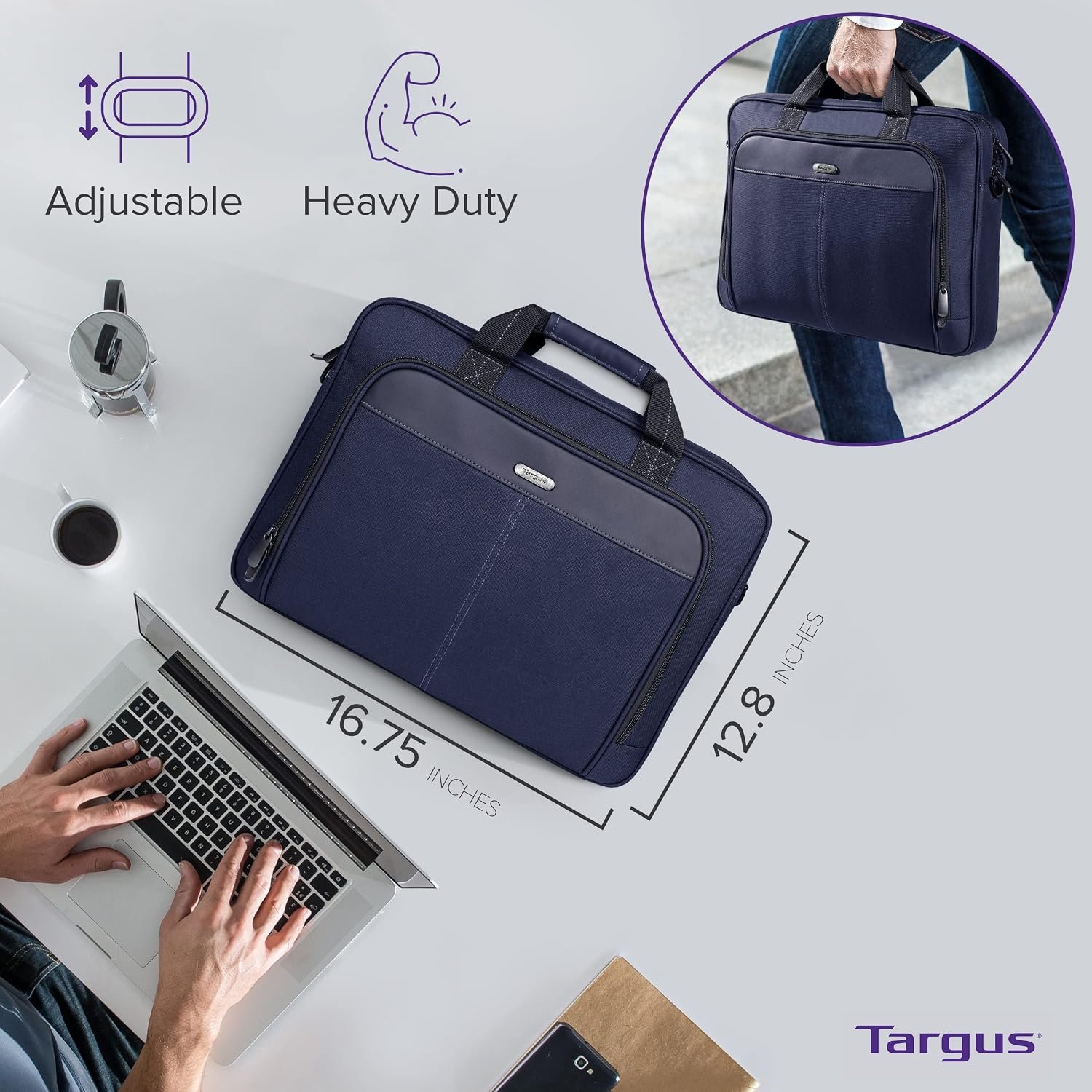 Targus 15-16 Inch Classic Slim Laptop Bag, Blue - Ergonomic Briefcase and Messenger Bag - Spacious Foam Padded Laptop Bag for 16" Laptops and Under (TCT027US) - Image 2
