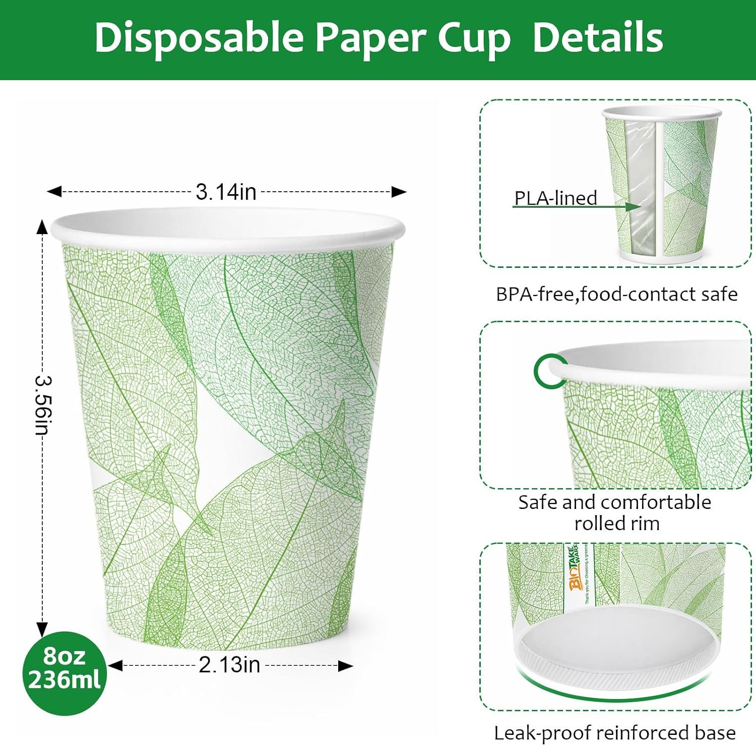 8oz 300Count Compostable Paper Cups, Plant-Based Disposable Coffee Cups with PLA Lining, Perfect for Hot & Cold Drinks, Coffee, Party, Office & Daily Use - Image 3