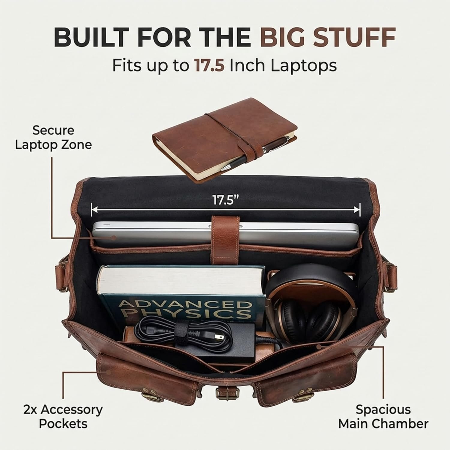 cuero Leather Messenger Bag for Men, 18 Inch Laptop Crossbody, Handmade Leather Shoulder Satchel Bag for Men, Full Grain Business Briefcase for Office/Work/Travel - Vintage Brown - Image 3