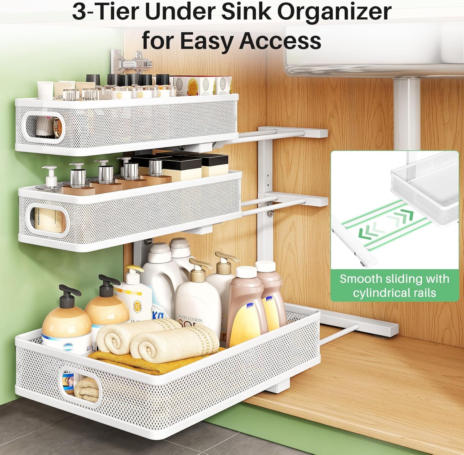 Kitstorack Under Sink Organizer, 2-Pack 3-Tier Height Adjustable Thickened Metal Pull out Cabinet Organizer Shelf, Slide out Storage Drawer Rack for Bathroom Kitchen Pantry Home Laundry Organization - Image 7