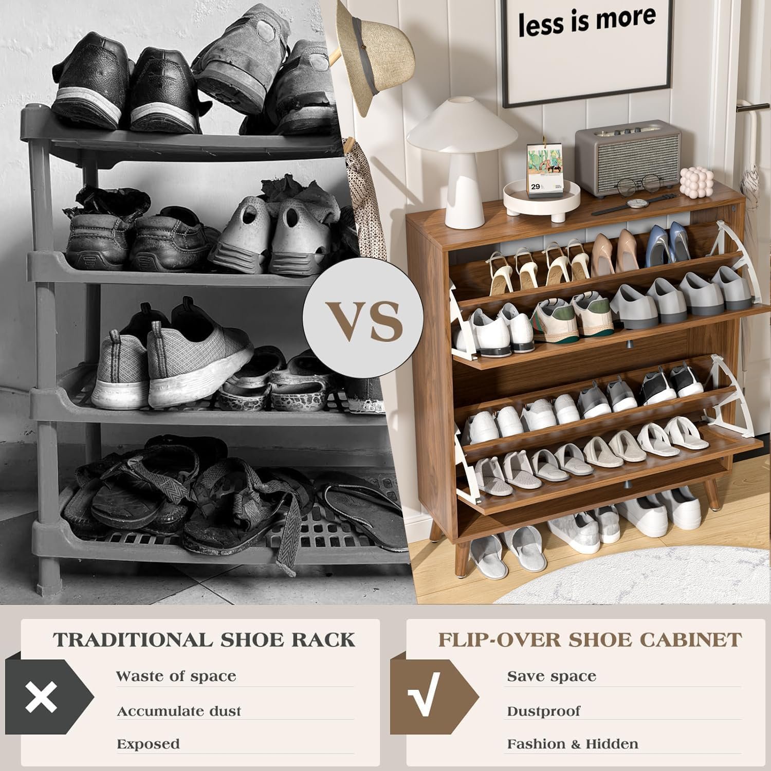Fsbecl Shoe Storage Cabinet for Entryway with 2 Fluted Flip Drawers, Walnut - Image 6