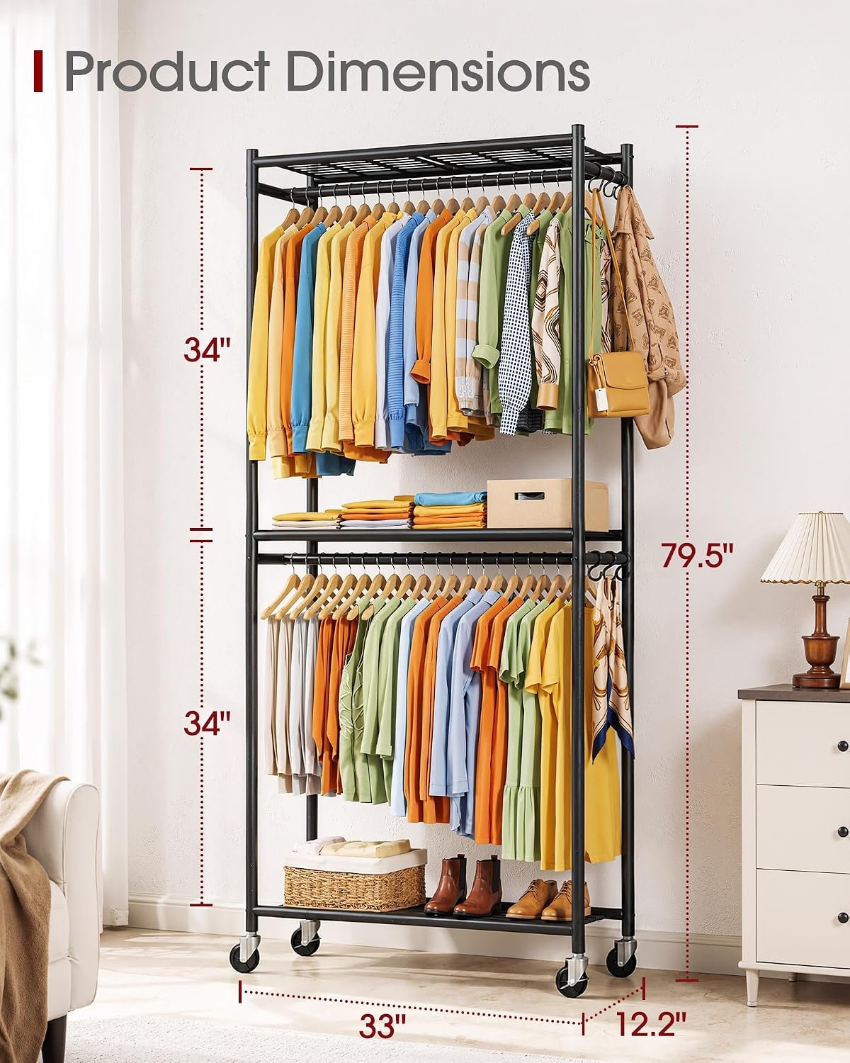 Sakugi Clothes Rack - 33.0" x 12.2" x 79.5" Clothing Rack with Shelves & Wheels, Multi-Functional Wardrobe Closet with Hooks, Sturdy Metal Garment Rack for Bedroom, Laundry, Balcony (Black) - Image 5