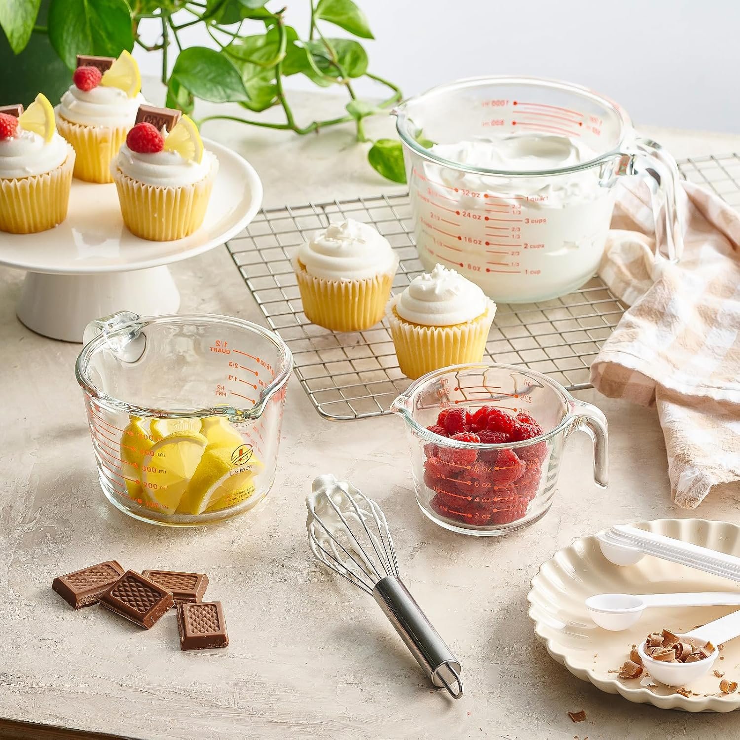 Le'raze Set of 3 Glass Measuring Cups with Measuring Spoons & Whisk - Kitchen Mixing Bowl Liquid Measure Cup, Glass Bakeware. 1 cup, 2 cup, 4 cup., Multi Size, Clear - Image 2