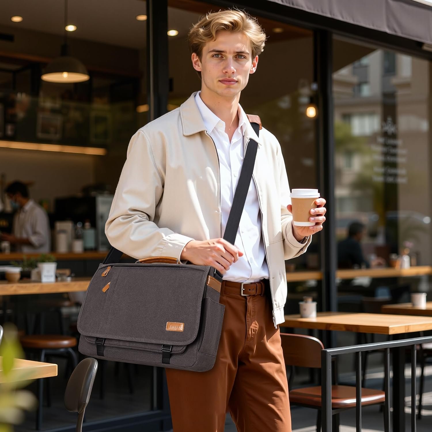 ESTARER Men Messenger Bag 17-17.3 Inch Laptop Bag Water-resistant Canvas Computer Shoulder Bag Briefcase for Work College Travel, Grey - Image 3