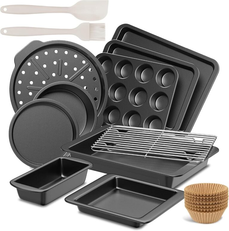 HONGBAKE Bakeware Sets, Baking Pans Set, 12 Pieces Nonstick Oven Pan with 120 Muffin Liners for Kitchen, Wider Grips, Including Rack, Cookie Sheet, Cake, Loaf, Muffin, Pizza Pan - Gray