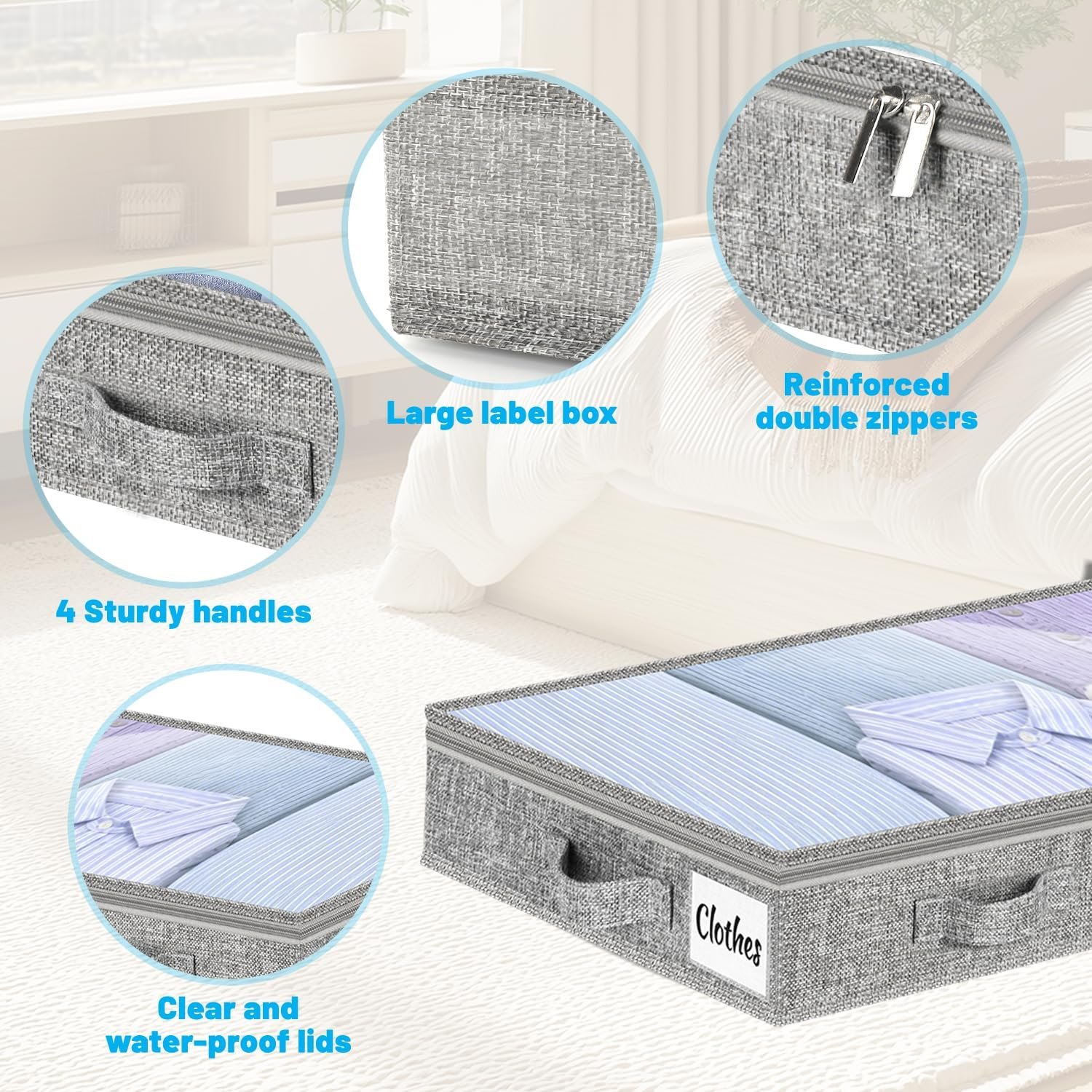 5 Inch Low Profile Under Bed Storage Drawer 2 Pack, Lightweight Underbed Clothes Storage Container Bins With NO STURCTURE, Shallow Storage Bag for Dorm & Home, With Clear Lids & Water-Resistant Fabric - Image 7