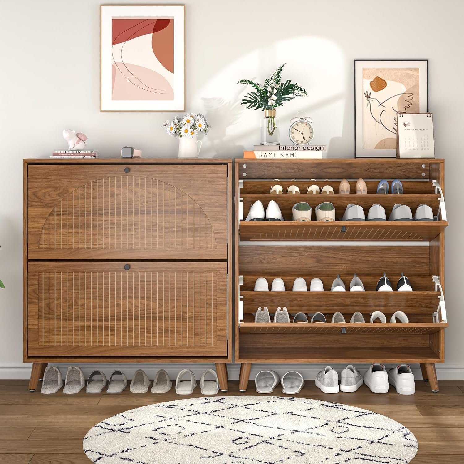 Fsbecl Shoe Storage Cabinet for Entryway with 2 Fluted Flip Drawers, Walnut - Image 8