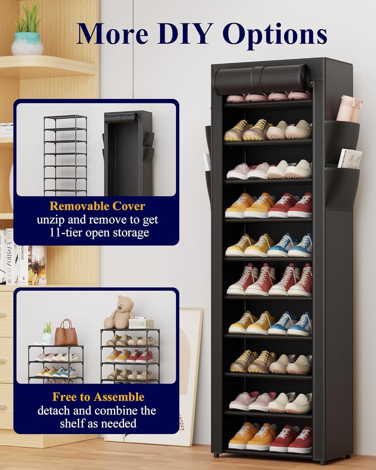 Kitsure 10-Tier Shoe Rack with Cover, Vertical Shelf, 17.5" Wide, Black - Image 7