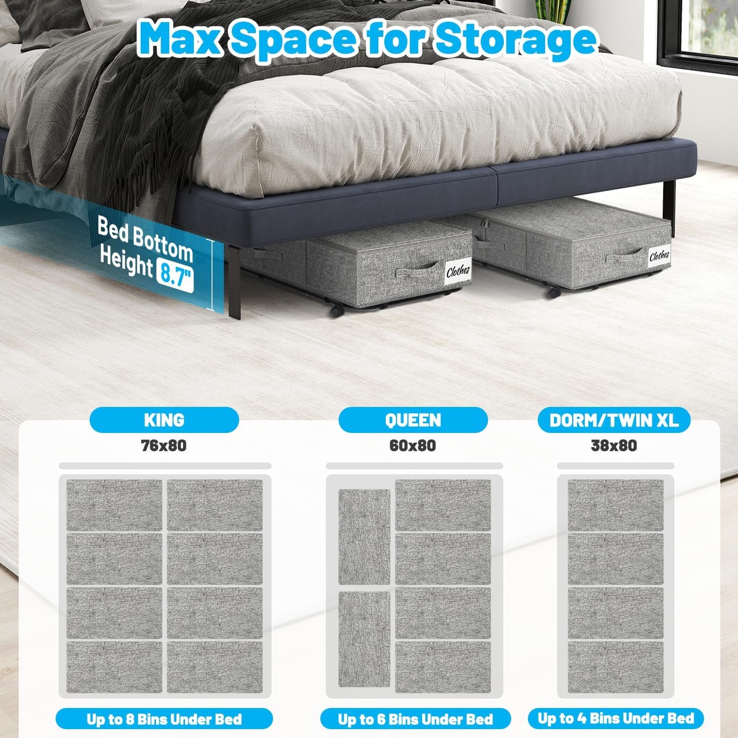 Large Sturdy Under Bed Storage with Wheels, 2 Pack 50L Rolling Underbed Storage Bins, Under Bed Containers Drawer with Metal Bottom Support, Bedroom Organizer with Lids for Clothes, Shoes, Blankets - Image 5
