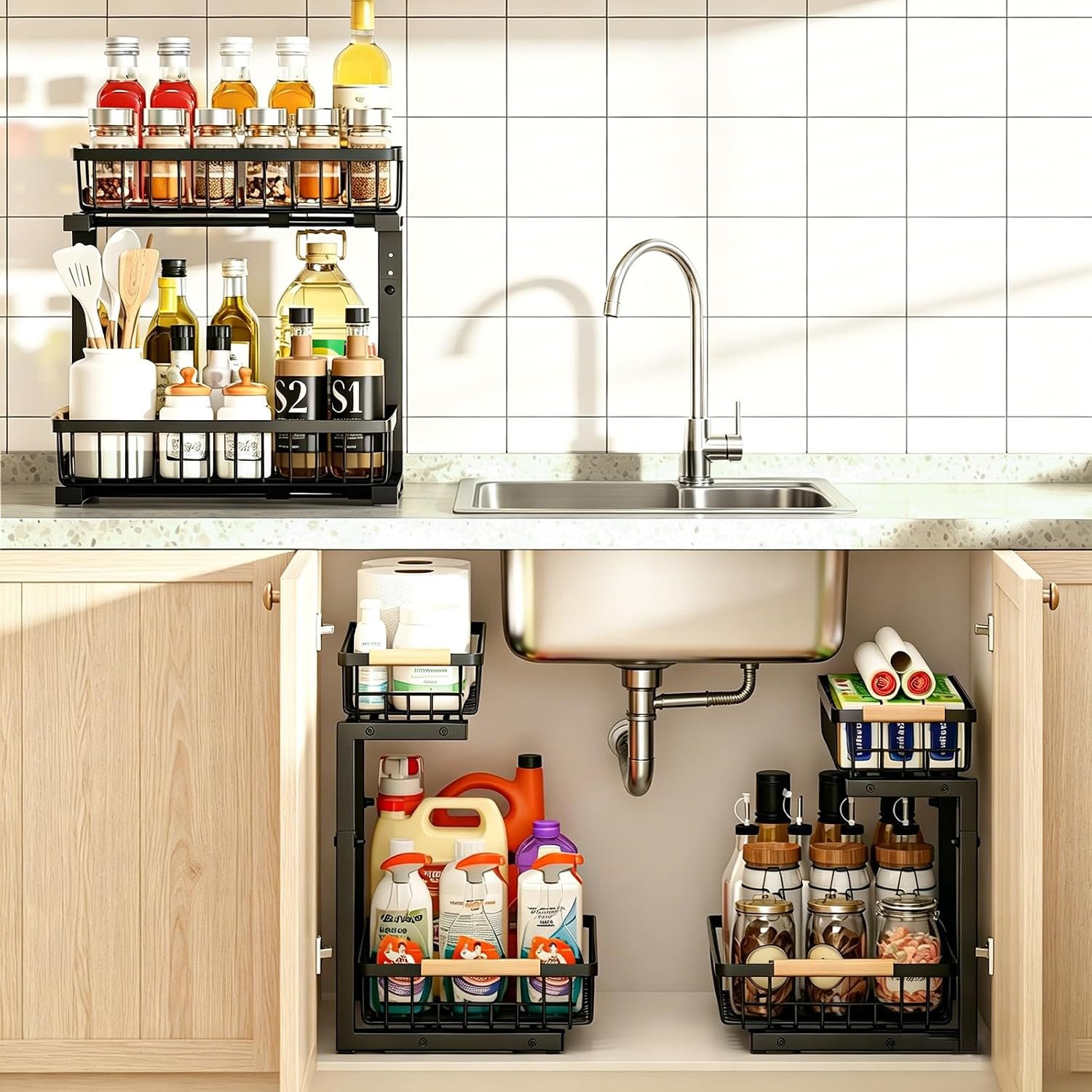 REALINN Under Sink Organizer, 2 Pack Height Adjustable Under Sink Organizers and Storage, 2 Tier Pull Out Drawer Cabinet Storage for Kitchen Bathroom - Image 8