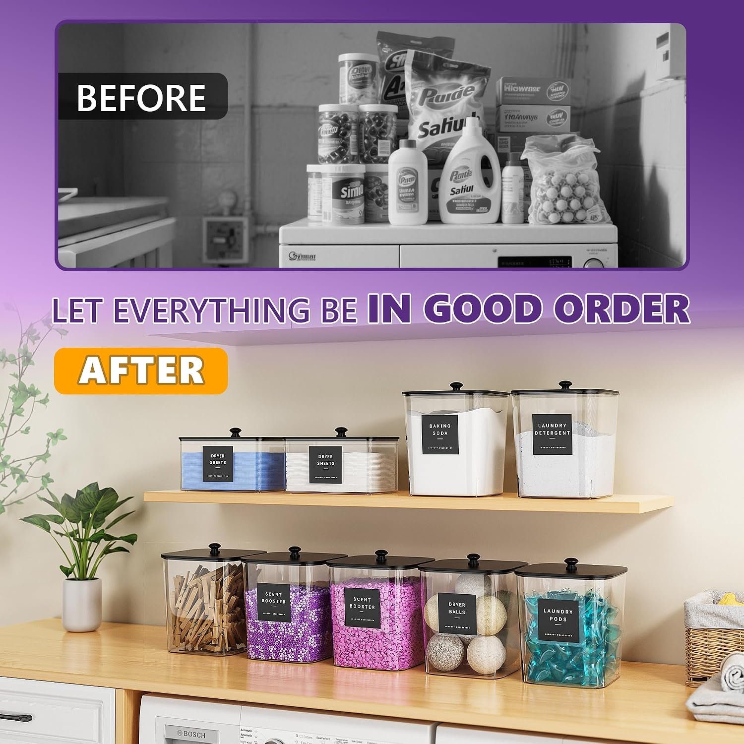 4 Pack Laundry Pods Container, Clear Laundry Room Organization Containers Essentials, Large Detergent Powder Storage Containers Black Wooden Lids & Labels Signs, Home Acrylic Laundry Pods Holder - Image 5
