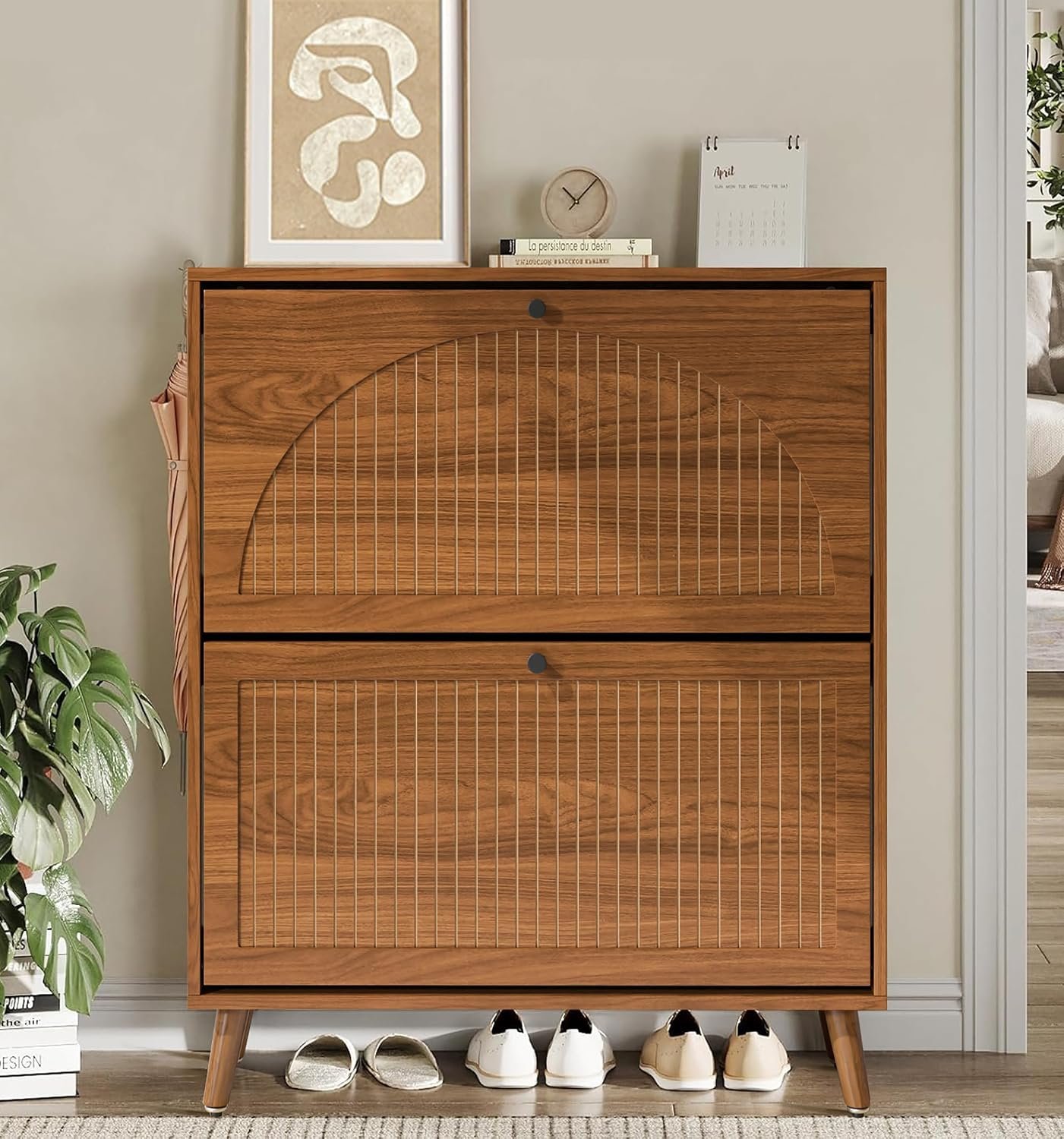Fsbecl Shoe Storage Cabinet for Entryway with 2 Fluted Flip Drawers, Walnut