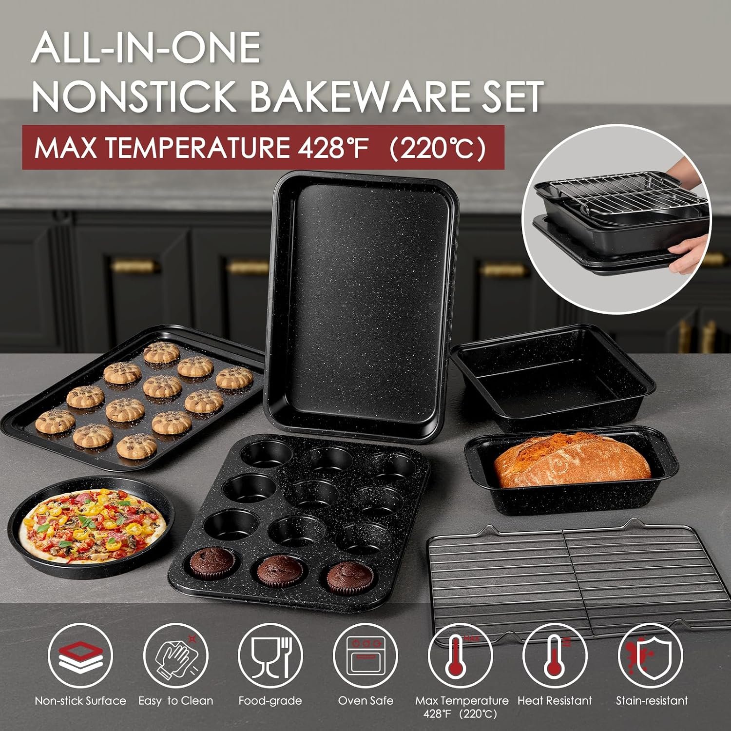 Kikcoin Pots and Pans Set Non Stick 31 Piece Kitchen Nonstick Cooking Cookware Sets with Grill Pan Saucepan Baking Sheet Utensil, Black - Image 6