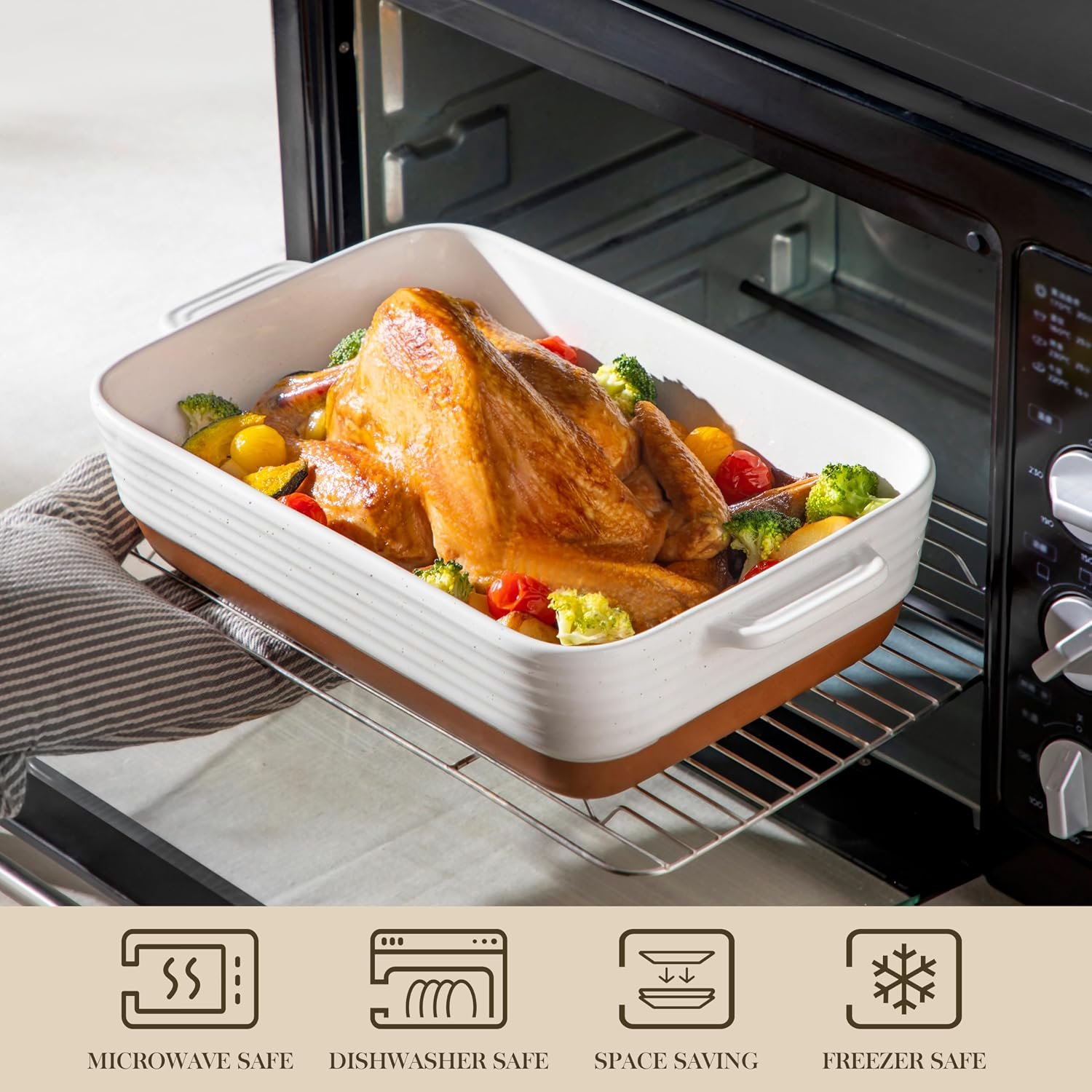 MALACASA Casserole Dishes for Oven, Ceramic Baking Dishes Set of 3, Baking Pan Casserole Dish Set, Rectangular Lasagna Pan Deep with Handles for Baking, Khaki White (14.5''/13''/10.5''), Series TARA - Image 4