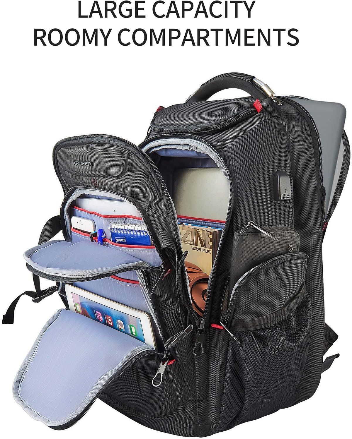 KROSER Travel Laptop Backpack 17.3 Inch XL Computer Backpack with Hard Shell Saferoom RFID Pockets Water-Repellent Business College Daypack Stylish Bag for Men/Women-Black - Image 6