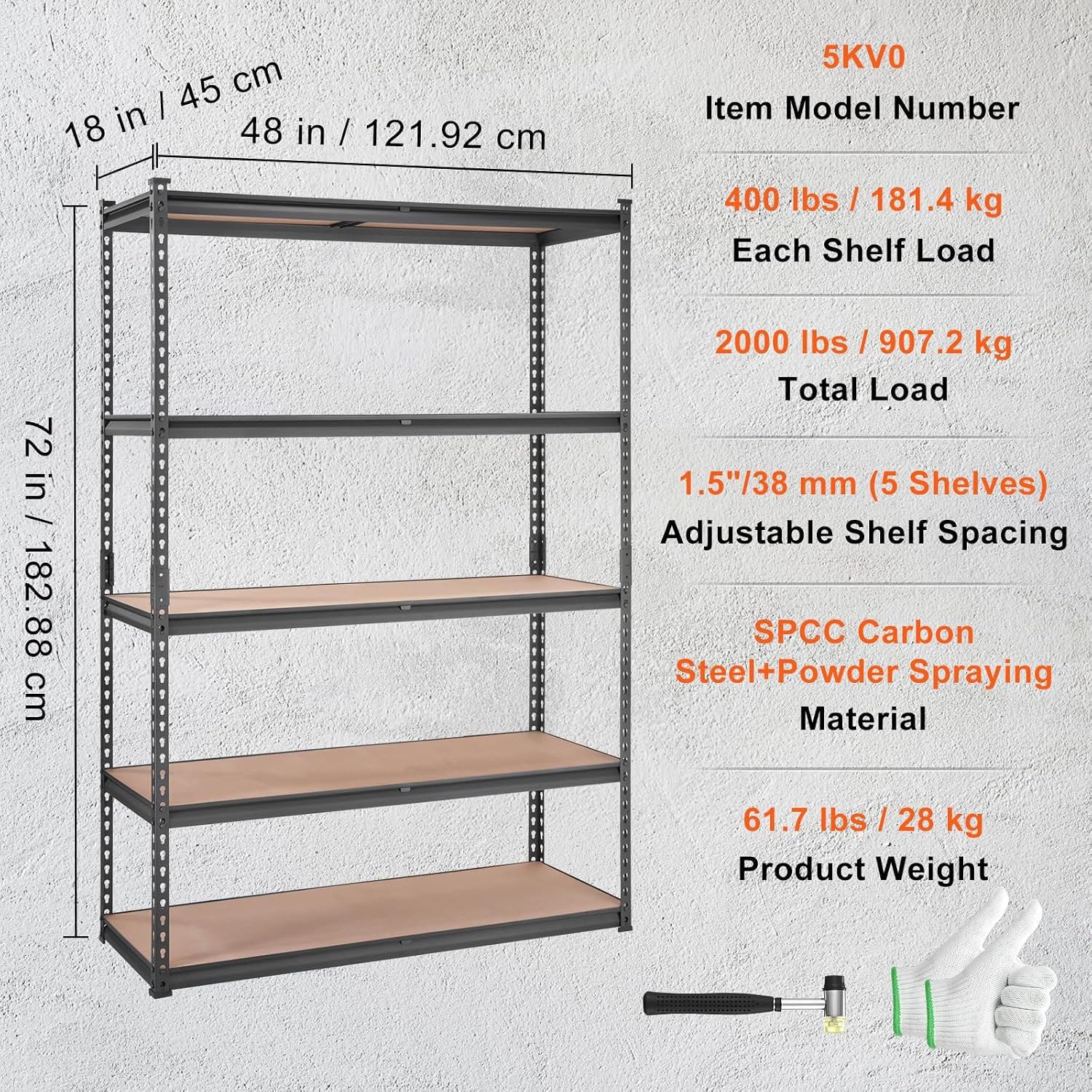 VEVOR Storage Shelves 5-Tier Adjustable 2000 lbs 48"x18"x72" Shelving Unit - Image 8
