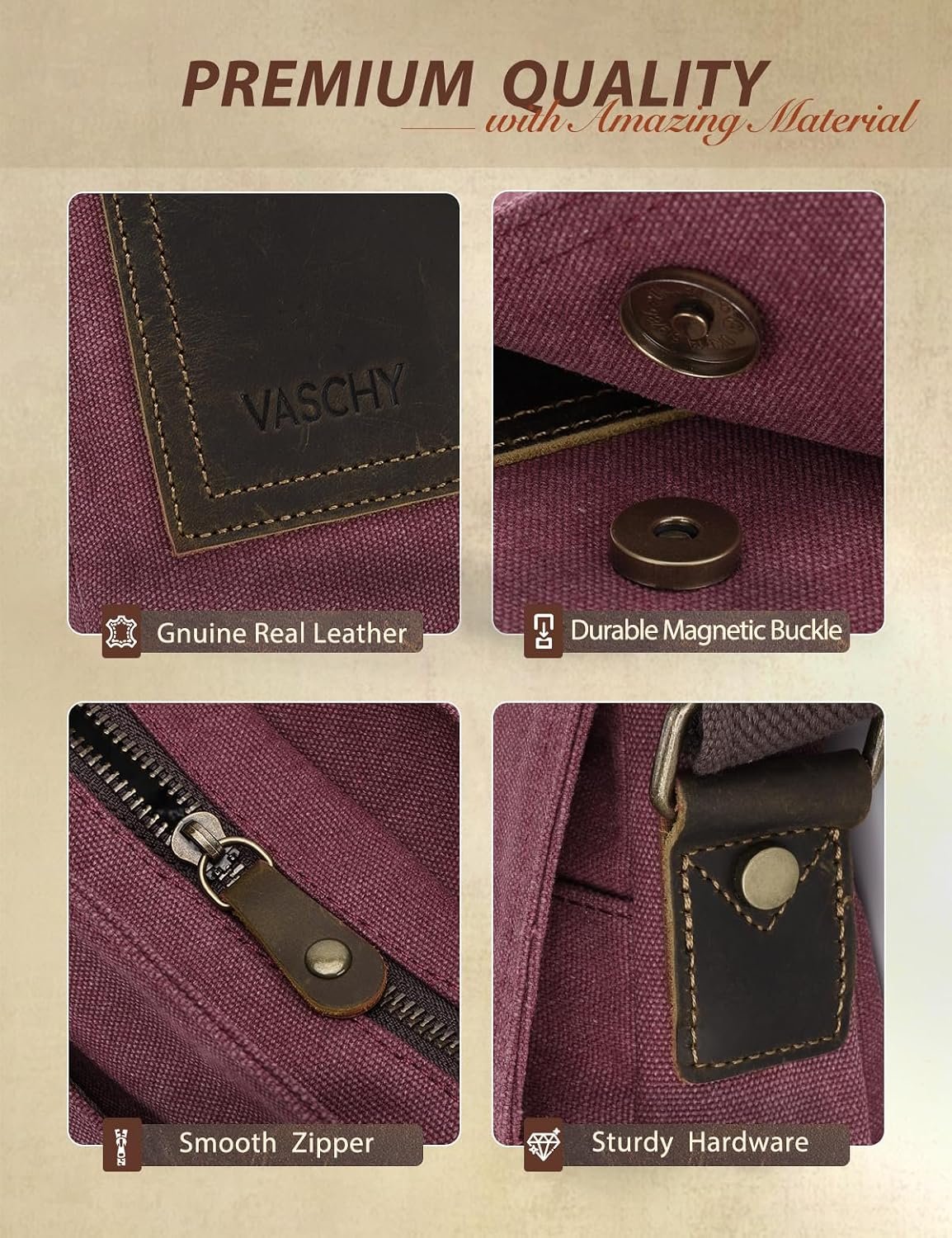 VASCHY Messenger Bag for Men & Women, Genuine Leather with Canvas, Vintage Anti-Theft Crossbody Bag for Men - Image 5