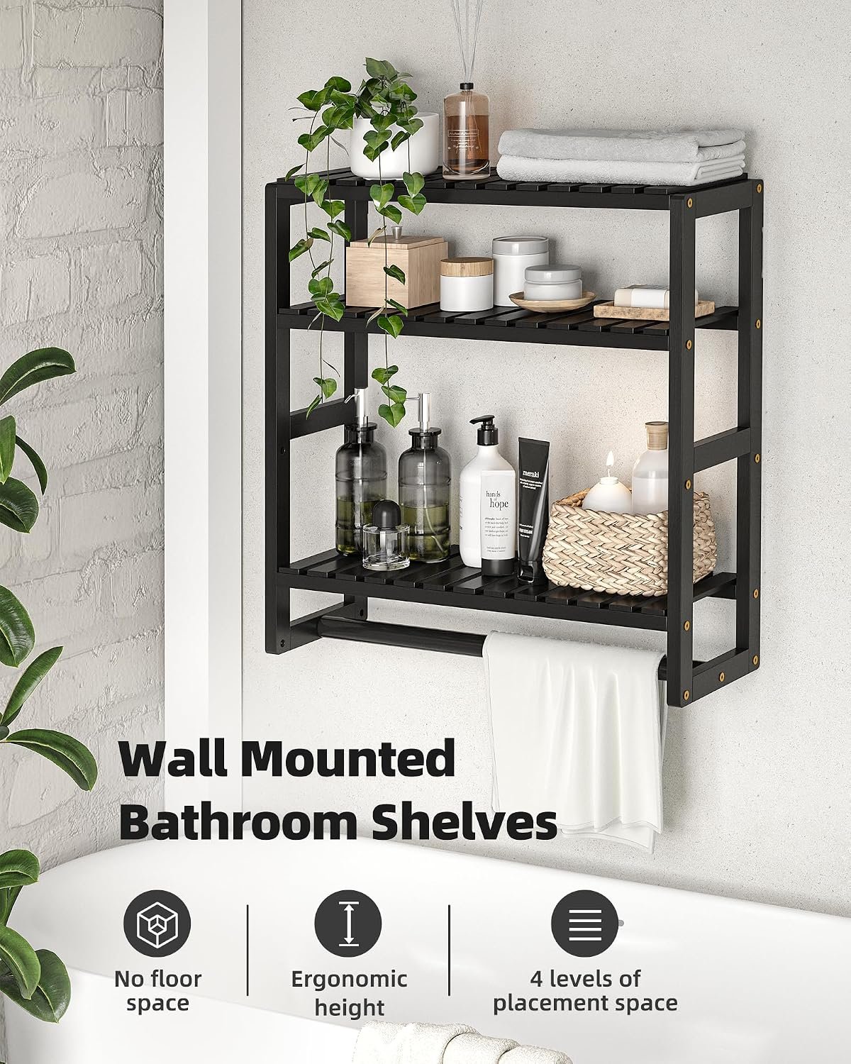 Galood Over The Toilet Storage Bathroom Shelves Wall Mounted 3 Tier Black - Image 4