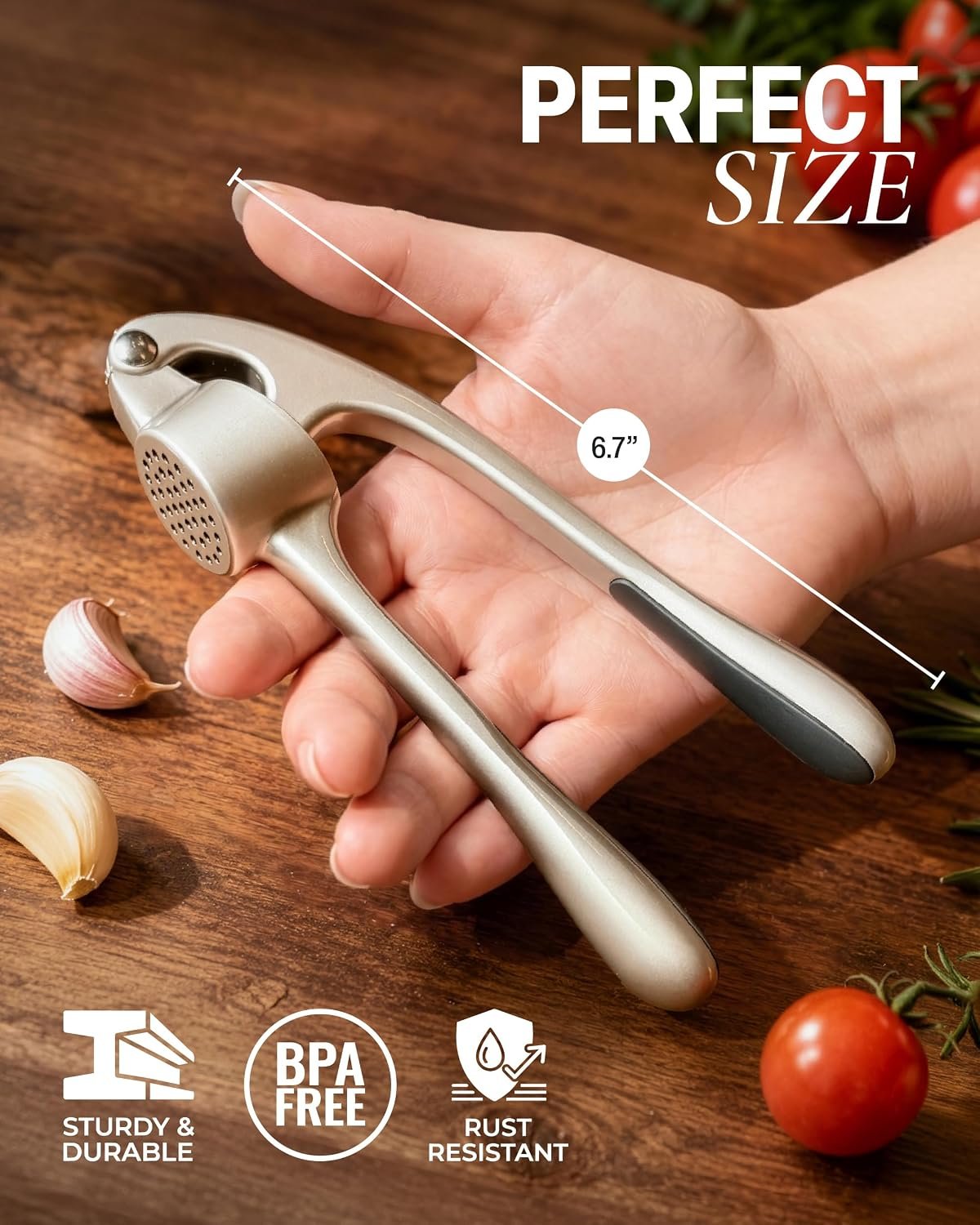 Zulay Kitchen Premium Garlic Press Set - Rust Proof Professional Garlic Mincer Tool - Easy-Squeeze, Easy-Clean with Soft, Ergonomic Handle - Silicone Garlic Peeler & Brush (Silver) - Image 2