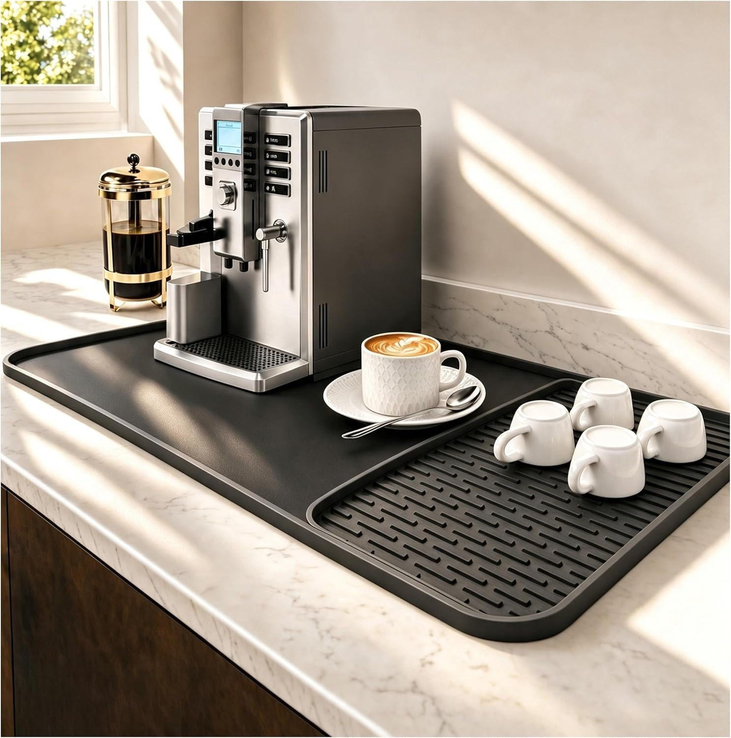 Caketime 2 In 1 Silicone Coffee Bar Mat Accessories for Ninja Coffee Maker with Detachable Dish Drying Rug Kitchen Counter Under Sink Drainer Appliances Dorm Room Decor 16"x24" Extra Large Black