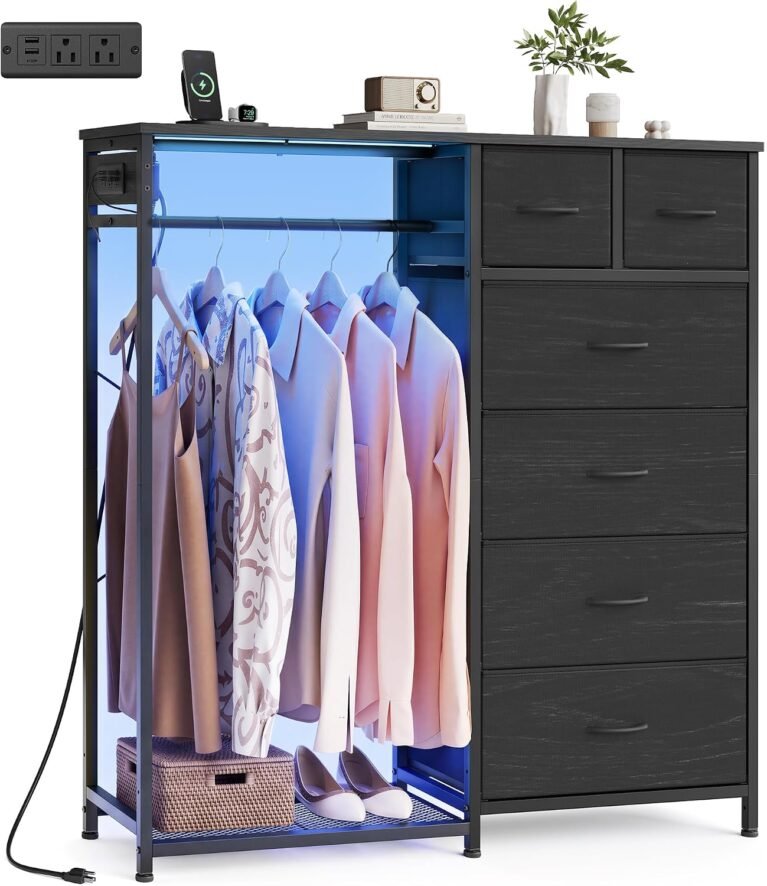 SONGMICS Dresser with Hanging Rod, Closet Organizer with 6 Fabric Drawers