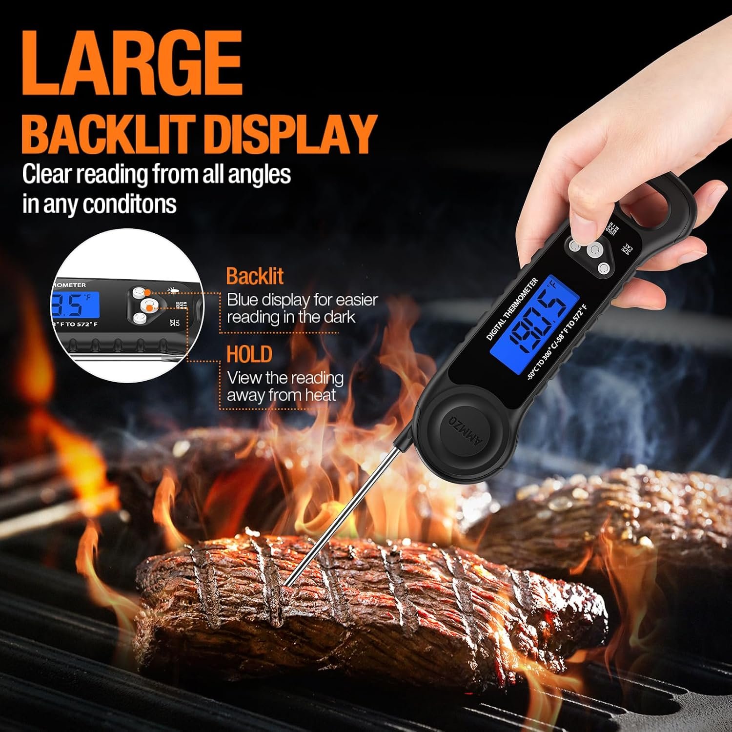 AMMZO Meat Thermometer Digital, Instant Read Food Thermometer for Cooking, Grilling, Baking, Frying & Candy Making, Essentials Kitchen Gadgets Accessory, Gifts for Men Women Dad Mom Birthday - Image 4