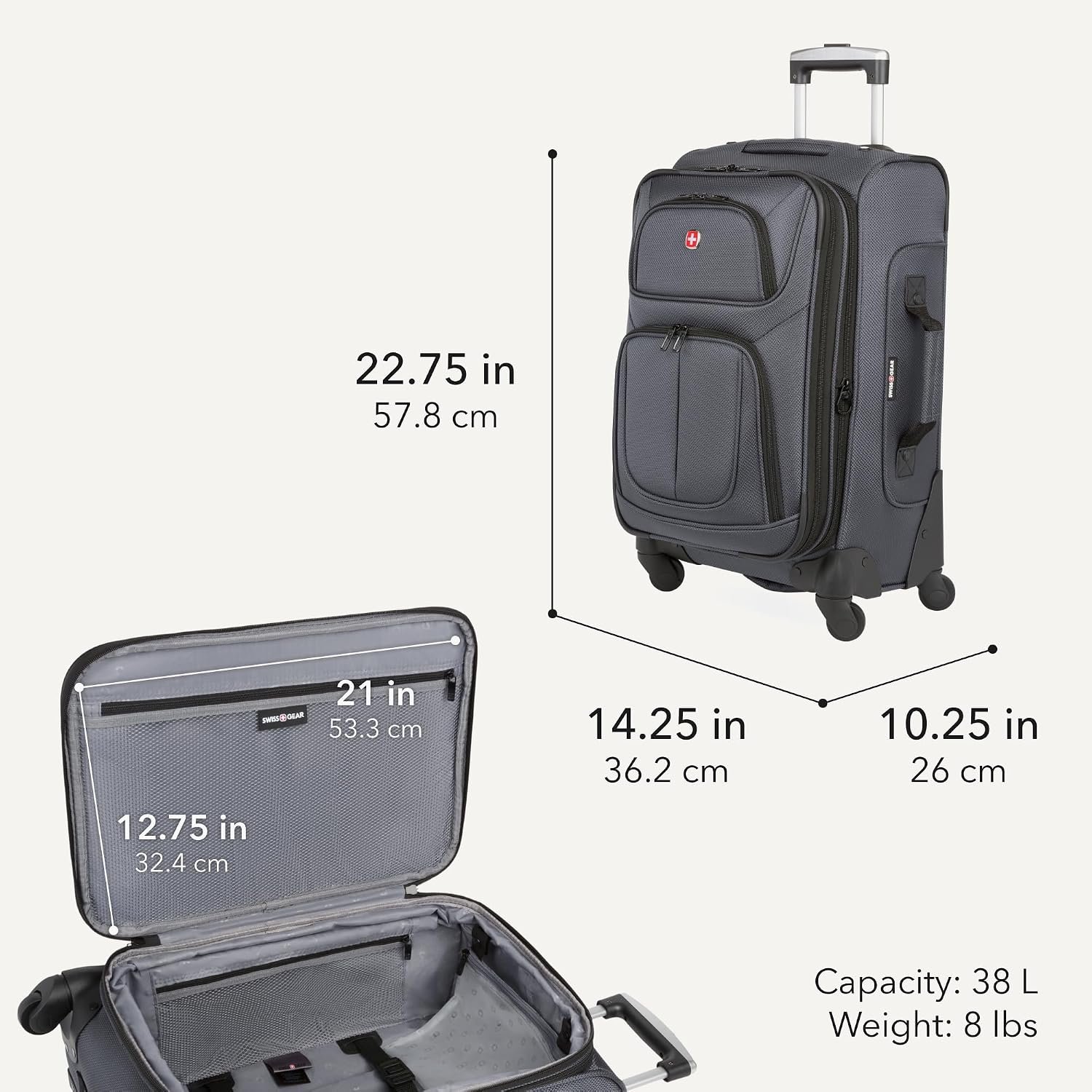 SWISSGEAR Sion Carry-On Spinner Luggage, Softside Expandable, Lightweight Suitcase, Dark Grey, 22.75-Inch - Image 2