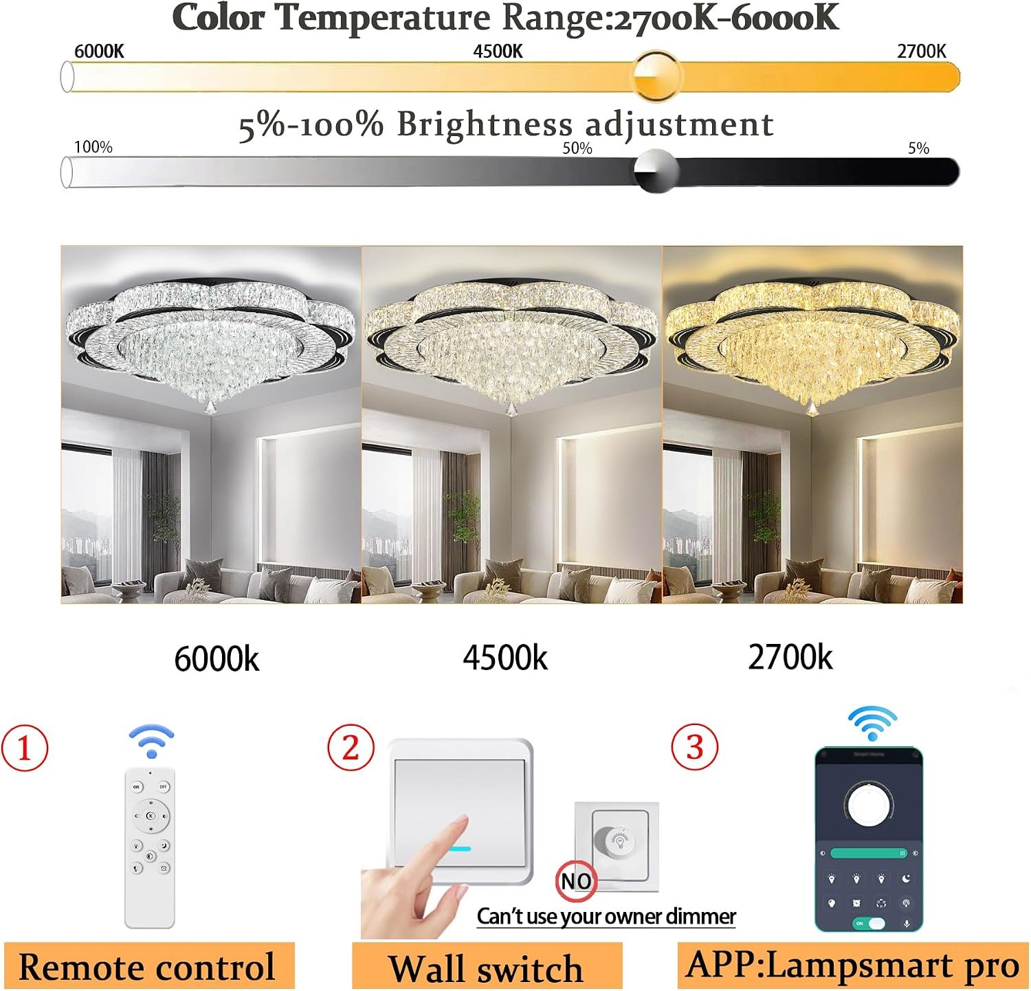 Modern Crystal Chandelier for Living Room 40in Black Crystal Raindrop Ceiling Light for Dining Room LED Dimmable 3000-6000K - Image 6