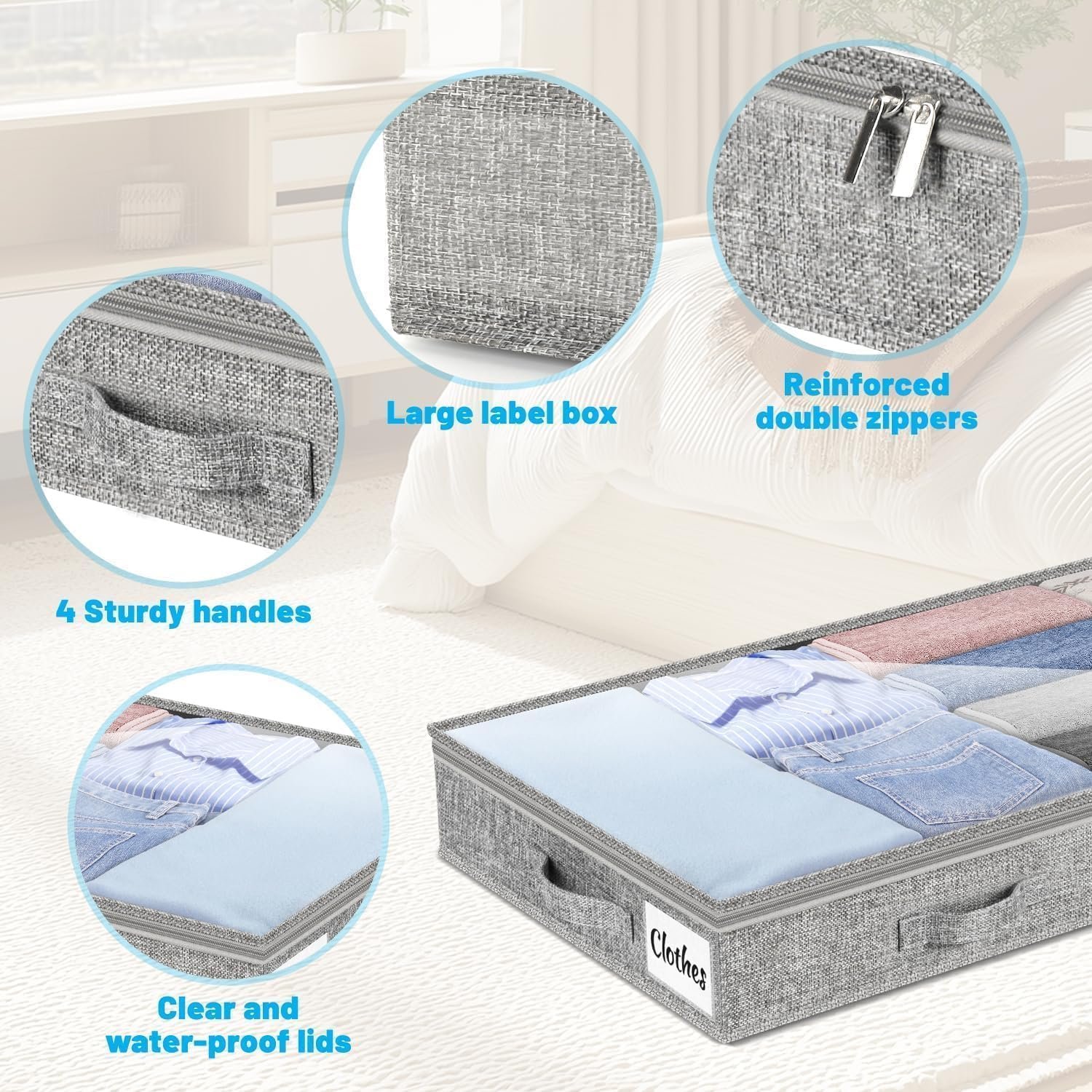 4 Inch Low Profile Under Bed Storage Drawer 2 Pack, Lightweight Underbed Clothes Storage Container Bins With NO STURCTURE, Shallow Storage Bag for Dorm & Home, With Clear Lids & Water-Resistant Fabric - Image 6