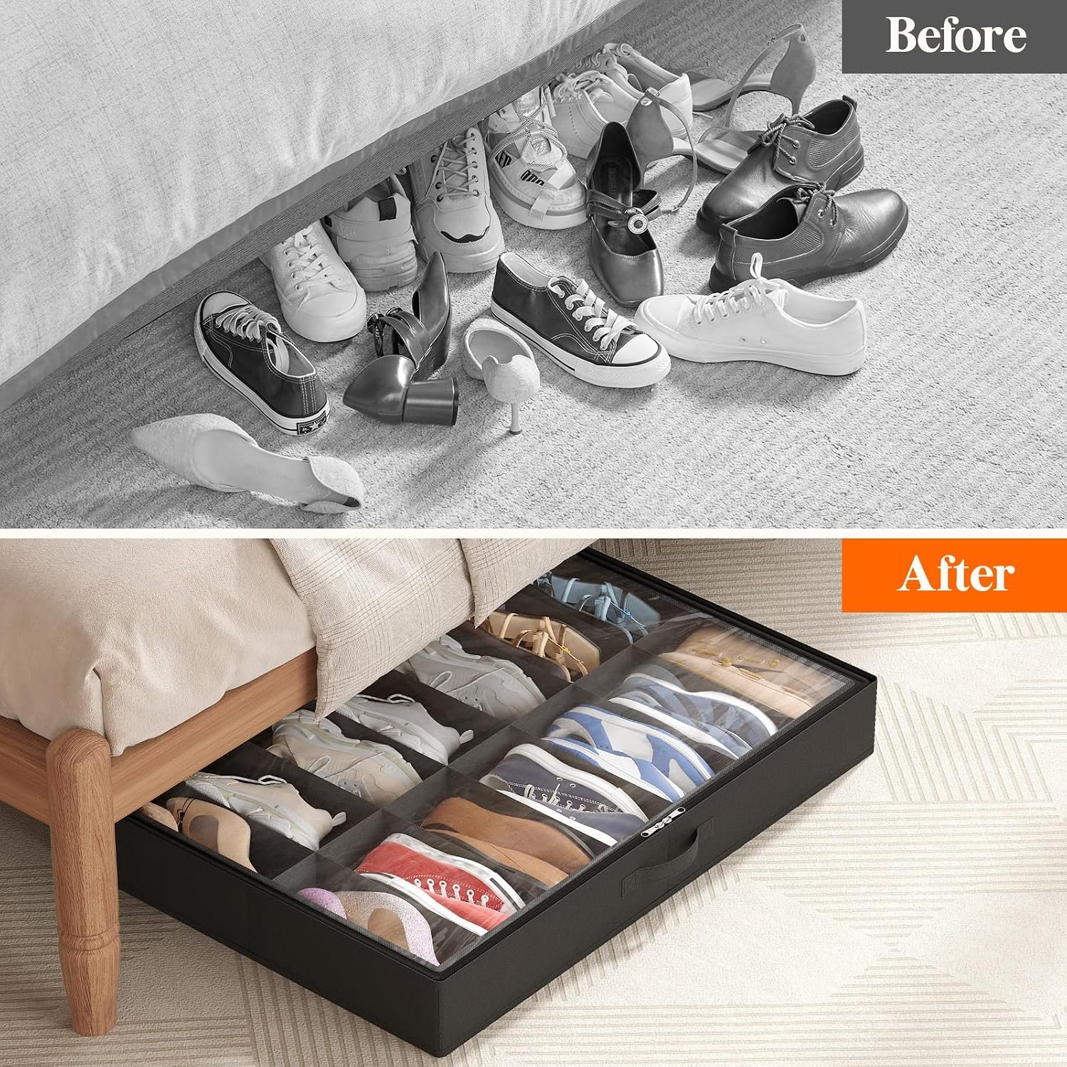 Lifewit Under Bed Shoe Storage Organizer 2 Pack(14 Shoes Cells), 4.3 Inches Profile Fabric Shoes Container Box with Clear Cover, Foldable Storage Bag with 2 Handles, Fits 14 to 28 Pairs - Image 7