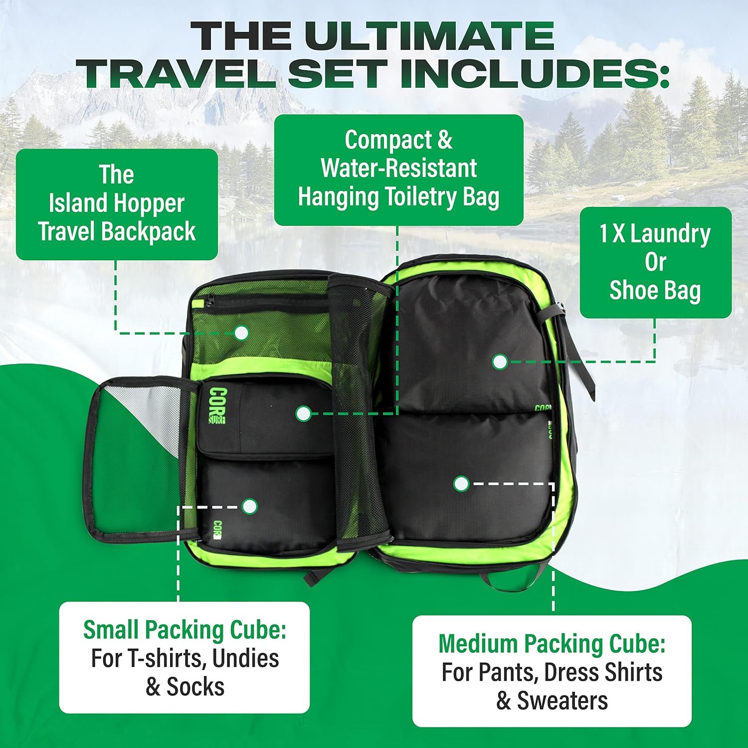 COR Surf Carry On Travel Backpack Bundle | Island Hopper Travel Backpack with Toiletry Bag and Compression Packing Cube Set (28L, Black) - Image 2