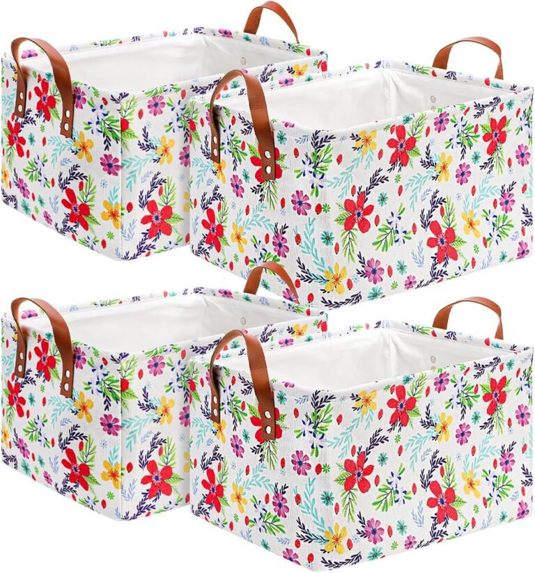 yarlung 4 Pack Floral Storage Bins with Handles, 15"x10.5"x8" Collapsible Large Storage Basket for Laundry, Decorative Fabric Lined Shelf Baskets for Organizing Clothes, Books