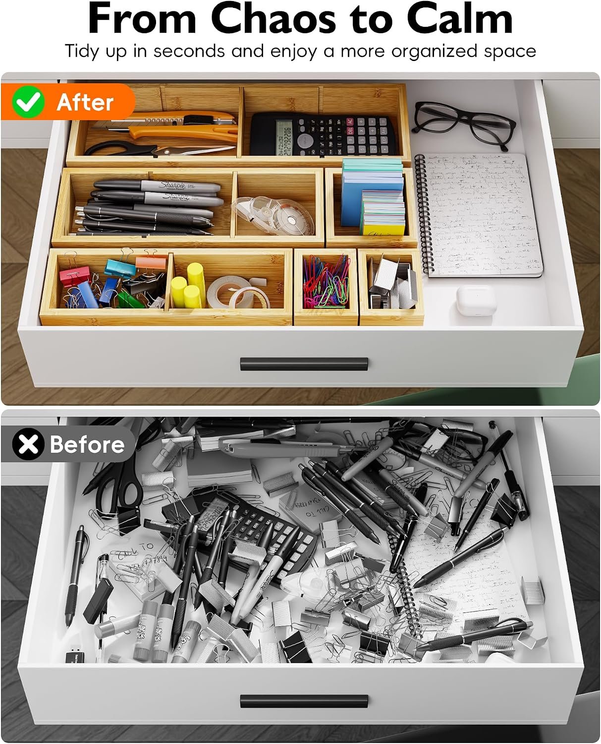 12-Piece Bamboo Drawer Organizer Set, 24 Compartments Modular Storage - Image 4