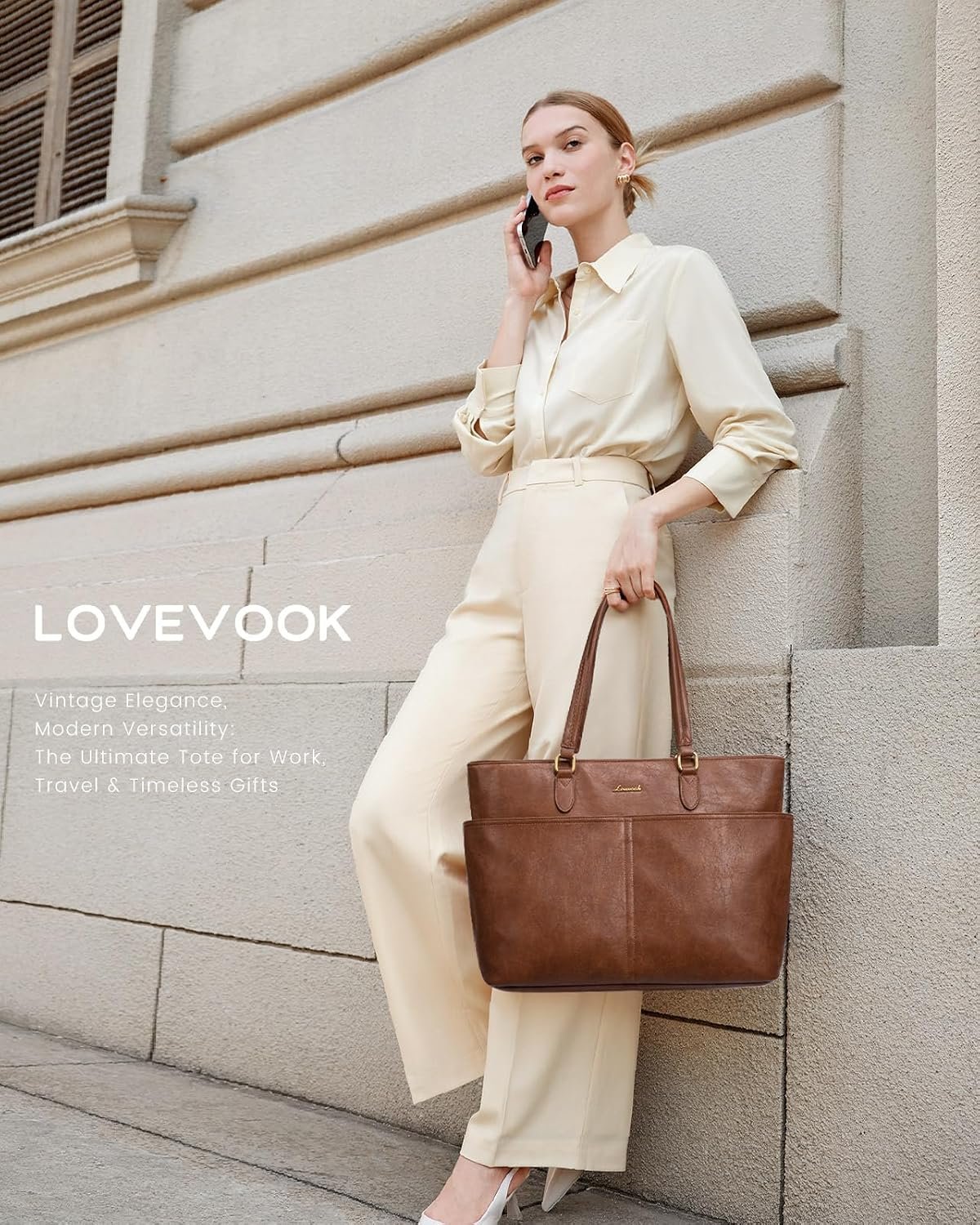 LOVEVOOK Work Tote Bags for Women, Vintage Leather 15.6 Inch Laptop Bag with Large Cup Holder, Teacher Nurse Medical Professional Computer Bag, Office Briefcase Handbag Gift - Image 2