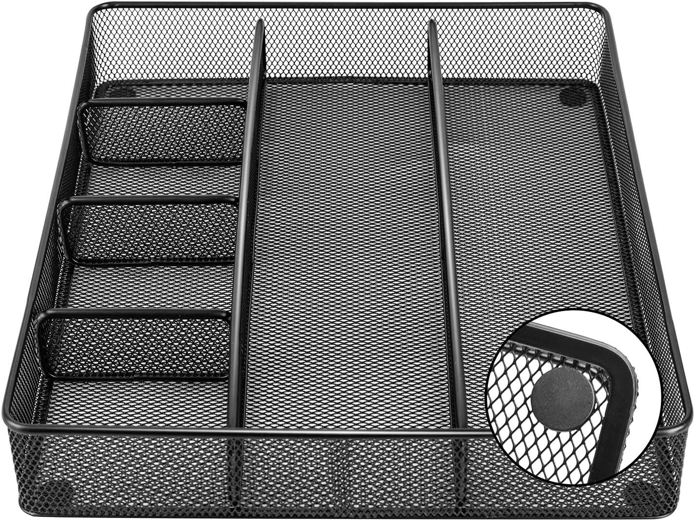 Amazon Basics Metal Mesh Desk Organizer with 6 Compartments, Anti-Slip Pen Holder Storage Tray for Office Supplies and Home, Black - Image 3