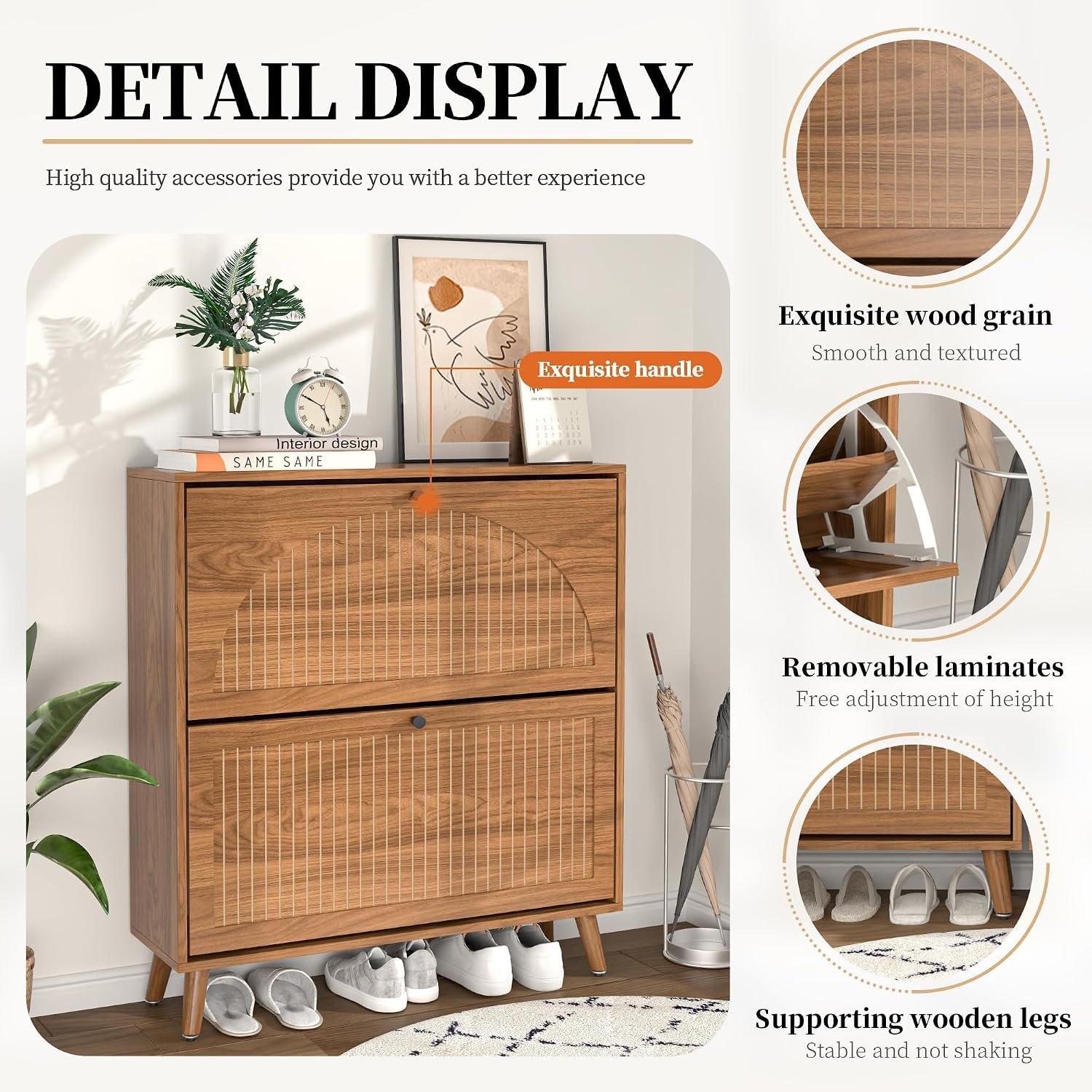 Fsbecl Shoe Storage Cabinet for Entryway with 2 Fluted Flip Drawers, Walnut - Image 4