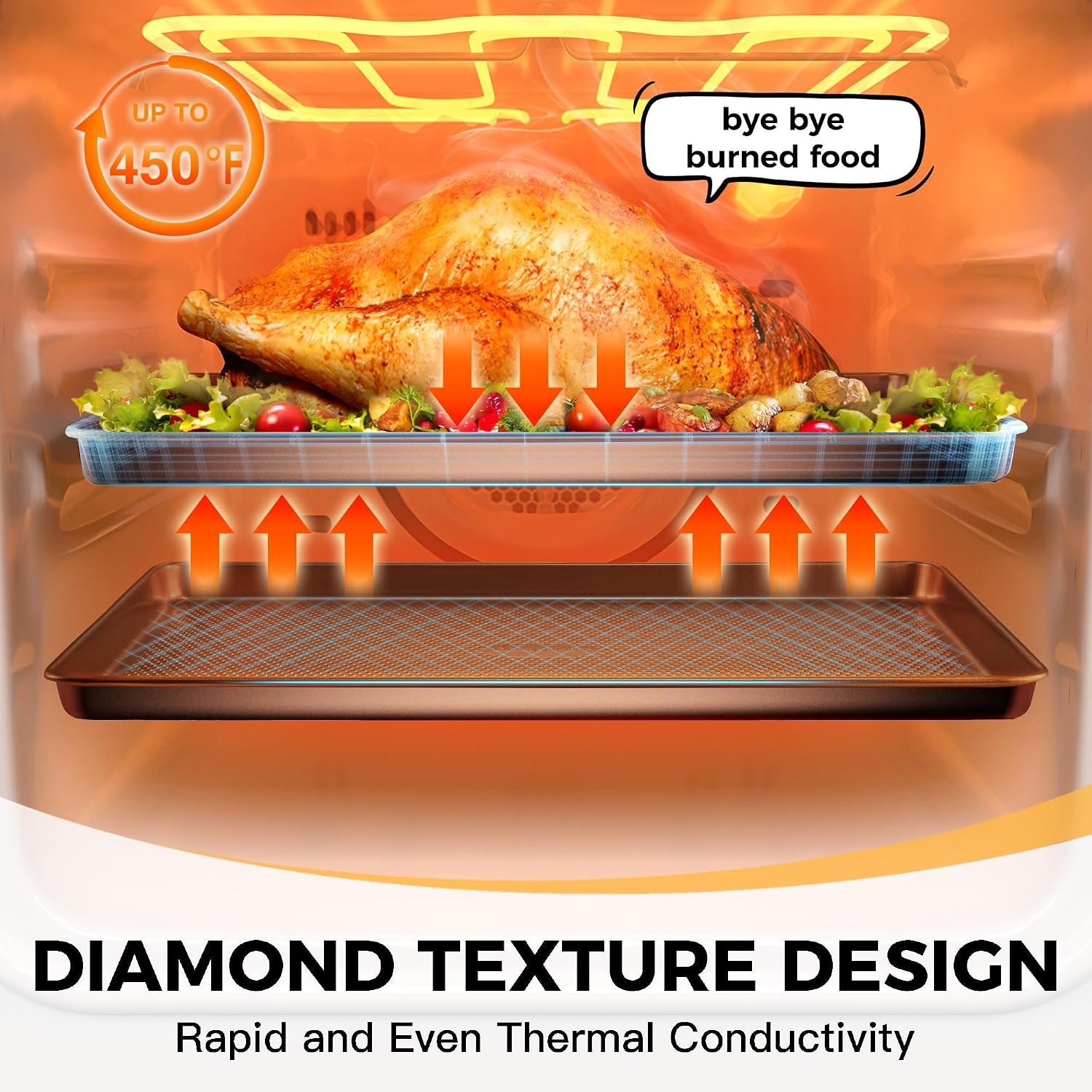 HONGBAKE 9-Piece Baking Pans Set Nonstick, Stackable Non Toxic Bakeware Sets with Diamond Texture, Oven Pan Set for Cooking, Includes Cookie Sheet with Rack, Cake Pan, Roasting Pan, Muffin Tin, Gold - Image 9