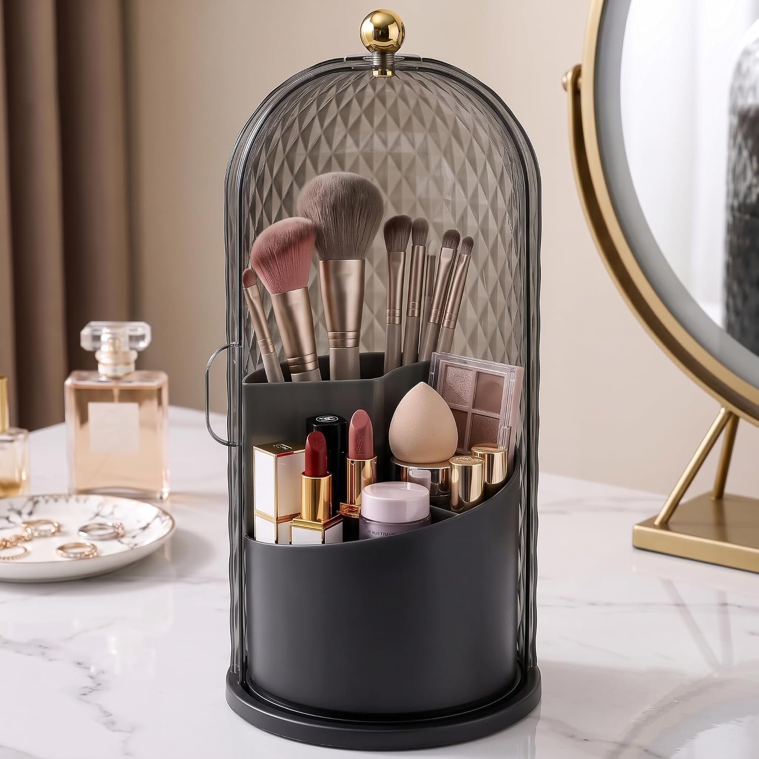 QIYVLOS Toothbrush Holders with Sliding Lid, Rotating 3 Slots Bathroom Organizer Countertop, Tooth Brush Toothpaste Holder Bathroom Counter Stand Caddy for Vanity Makeup Brushes Holder (Black) - Image 6
