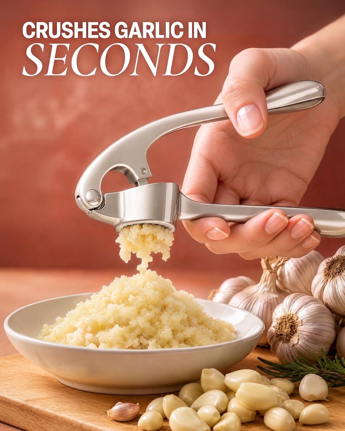 Zulay Kitchen Premium Garlic Press Set - Rust Proof Professional Garlic Mincer Tool - Easy-Squeeze, Easy-Clean with Soft, Ergonomic Handle - Silicone Garlic Peeler & Brush (Silver) - Image 5