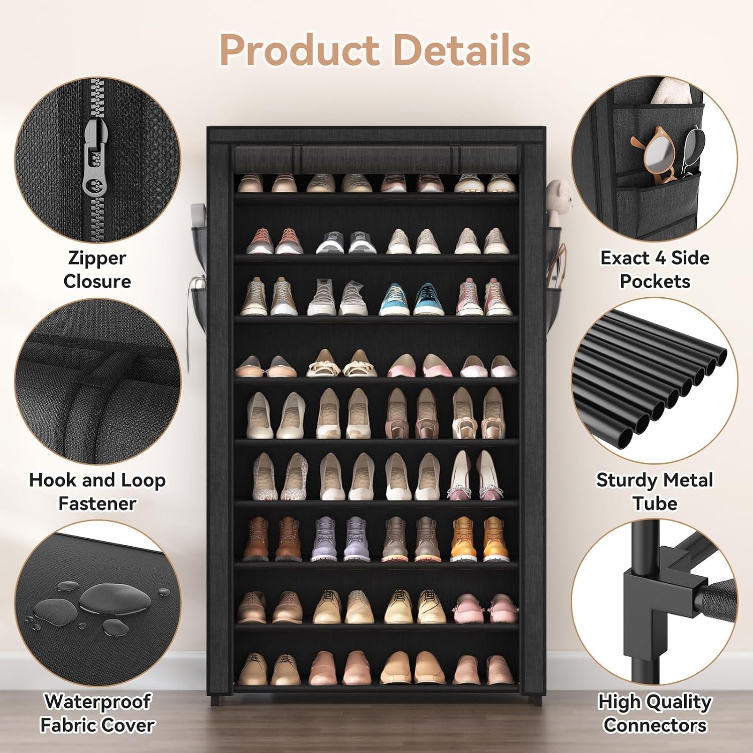 LANTEFUL Shoe Rack with Covers - 10 Tiers Tall Shoe Rack Organizer Large Capacity Shoe Shelf Storage 40 Pairs Space Saving Vertical Shoe Storage Organizer for Closet, Entryway, Dorm, Bedroom - Image 4