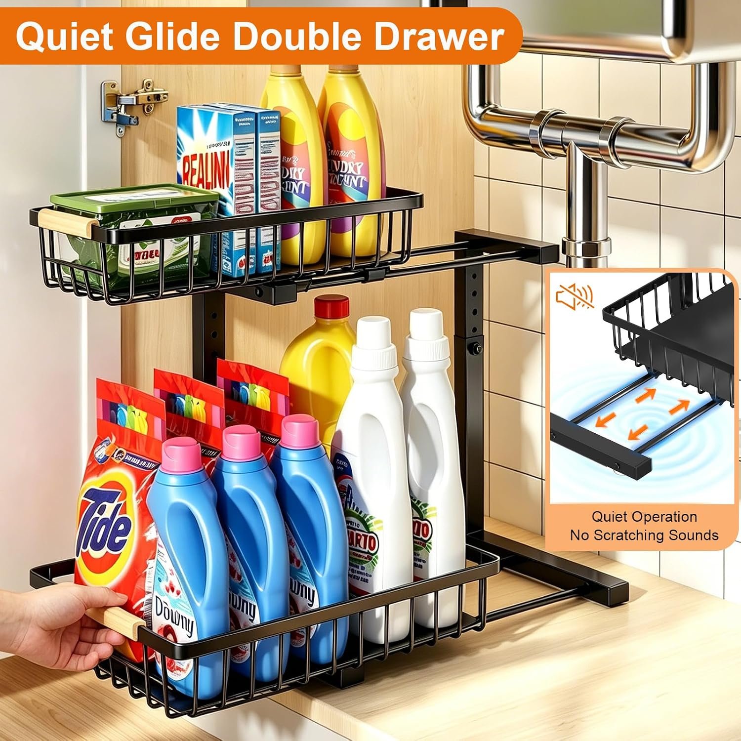 REALINN Under Sink Organizer, 2 Pack Height Adjustable Under Sink Organizers and Storage, 2 Tier Pull Out Drawer Cabinet Storage for Kitchen Bathroom - Image 3