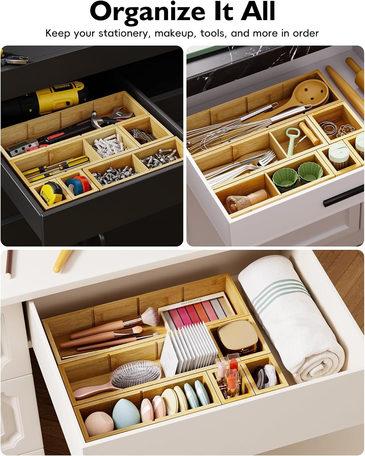 12-Piece Bamboo Drawer Organizer Set, 24 Compartments Modular Storage - Image 7