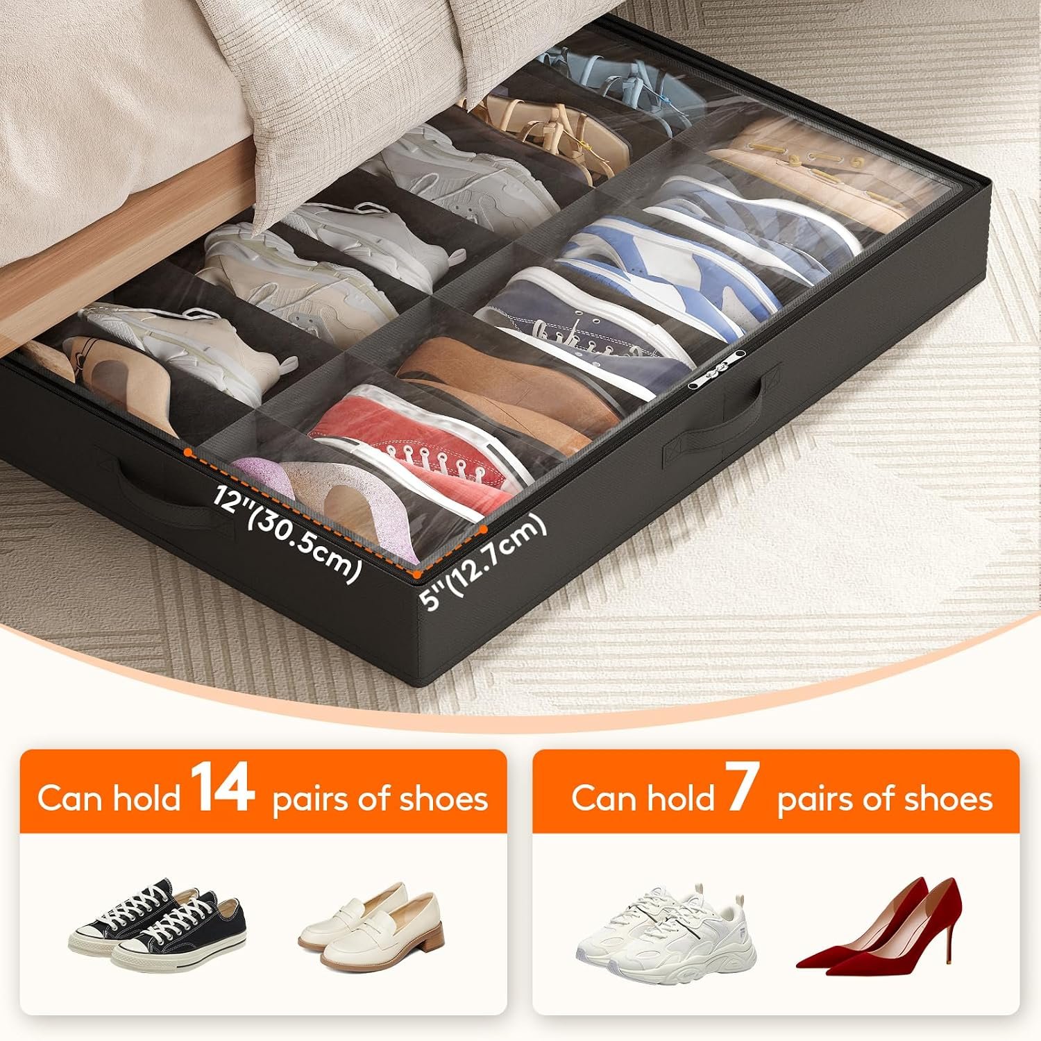 Lifewit Under Bed Shoe Storage Organizer 2 Pack(14 Shoes Cells), 4.3 Inches Profile Fabric Shoes Container Box with Clear Cover, Foldable Storage Bag with 2 Handles, Fits 14 to 28 Pairs - Image 4