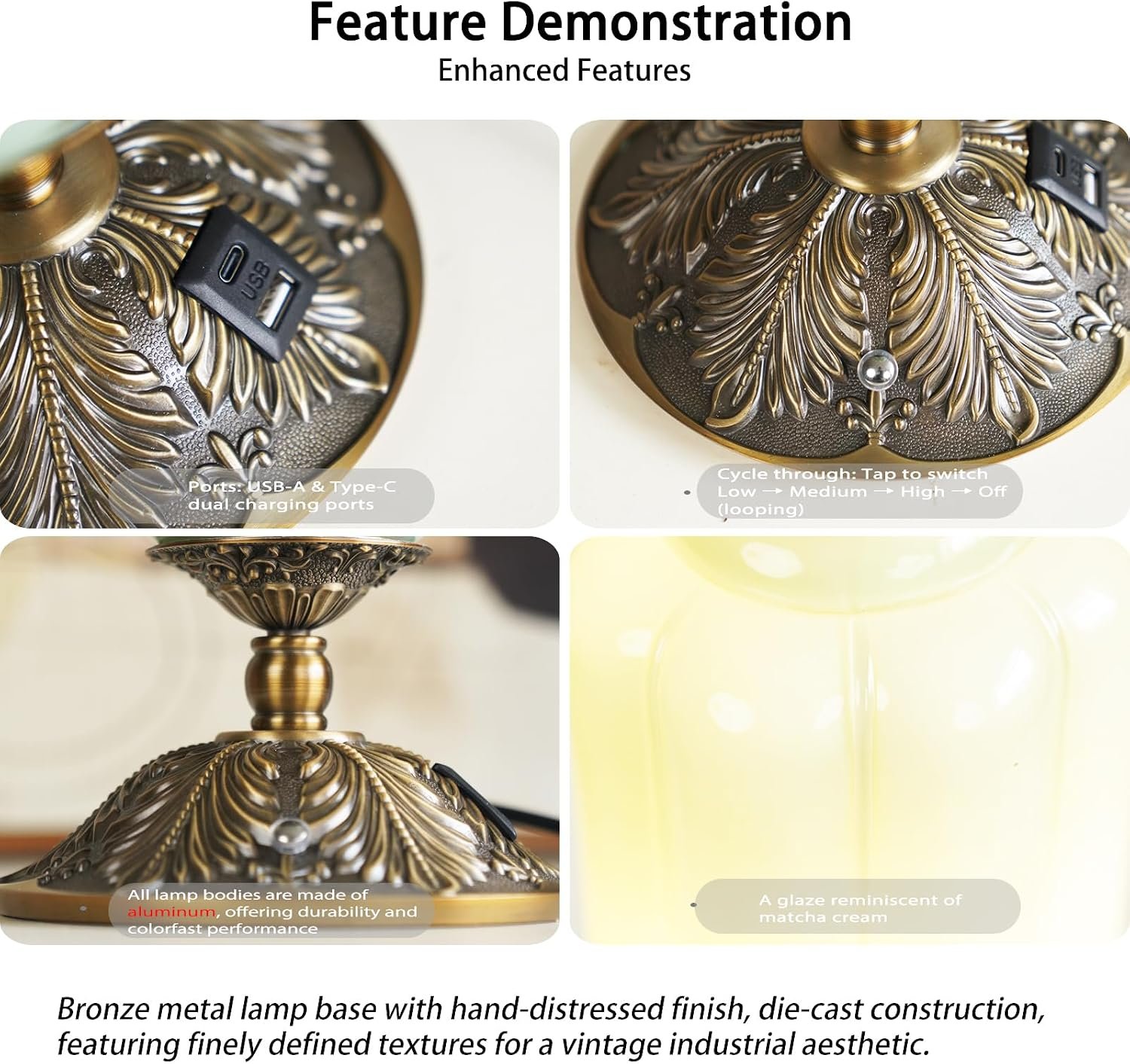 Vintage Touch Bedside Table Lamp, Elegant Green Glass Bedside Desk Lamp 3 Way Dimmable with USB C+A Charging Ports - Bedroom Nightstand & Living Room Essential (Vintage White, 6.5) - Image 3