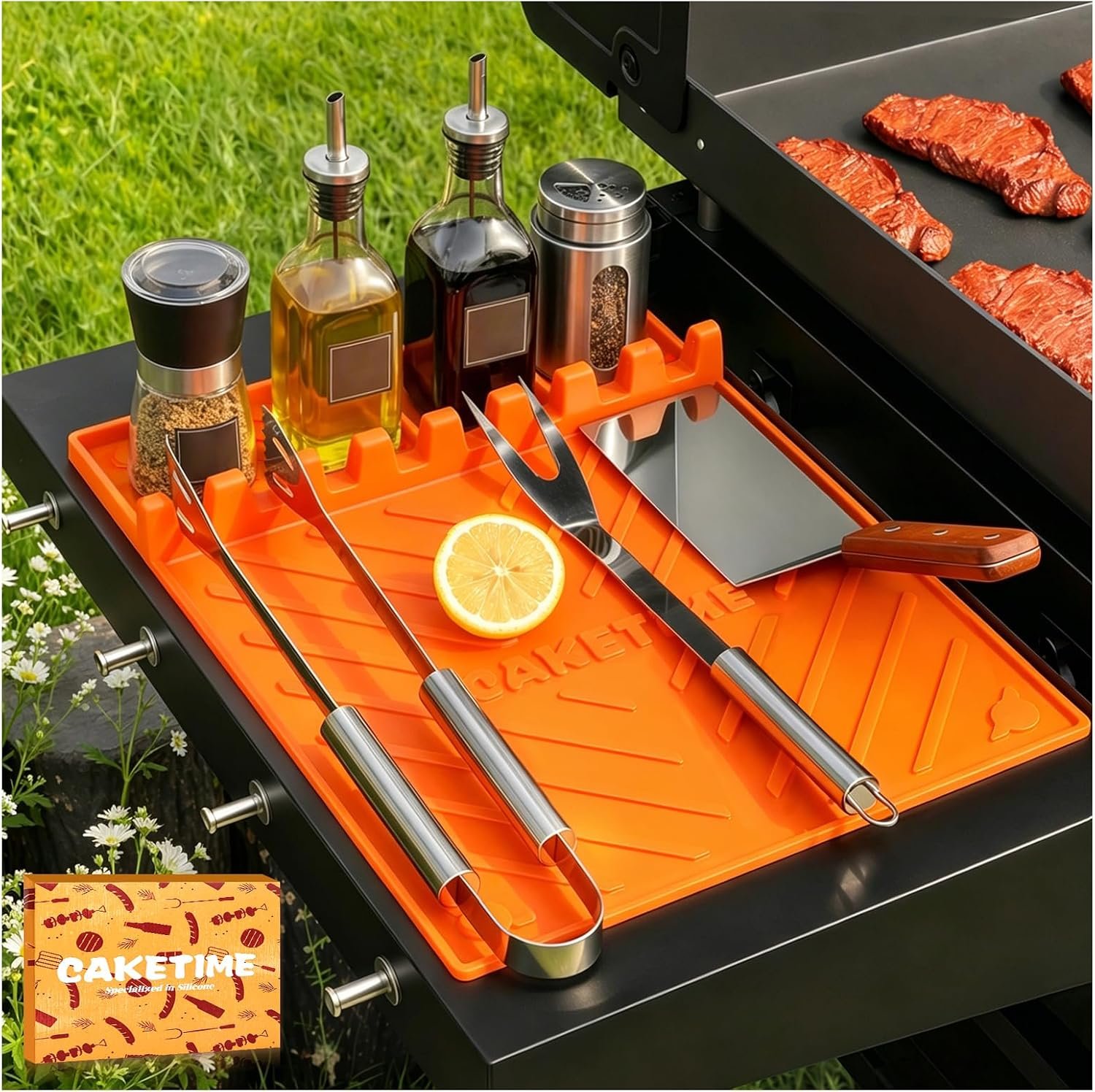 CAKETIME Silicone Grill Mats for Blackstone Griddle Accessories Baking Cooking Kitchen BBQ Must Haves Countertop Weber Traeger Stove Outdoor Camping Lawn Orange Father Dad Chef Men Gifts